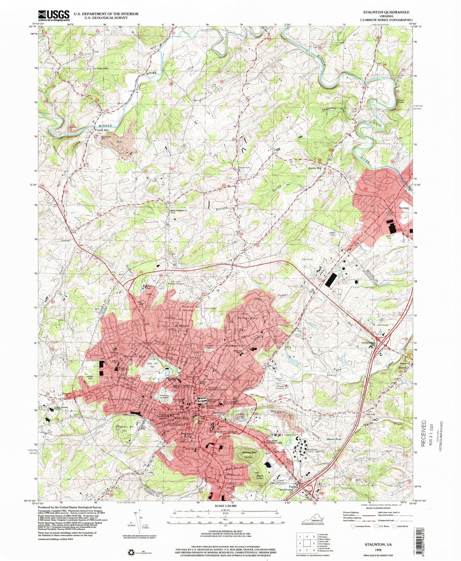 Classic USGS Staunton Virginia 7.5'x7.5' Topo Map Image
