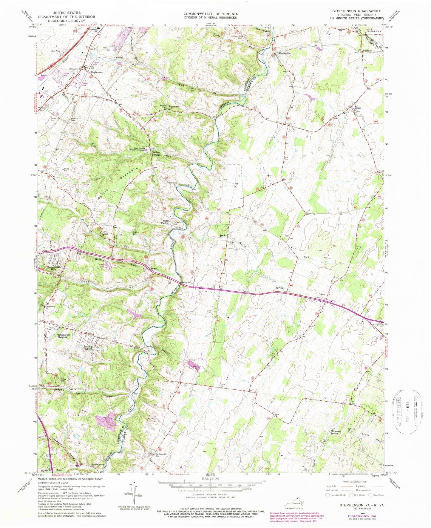Classic USGS Stephenson Virginia 7.5'x7.5' Topo Map Image