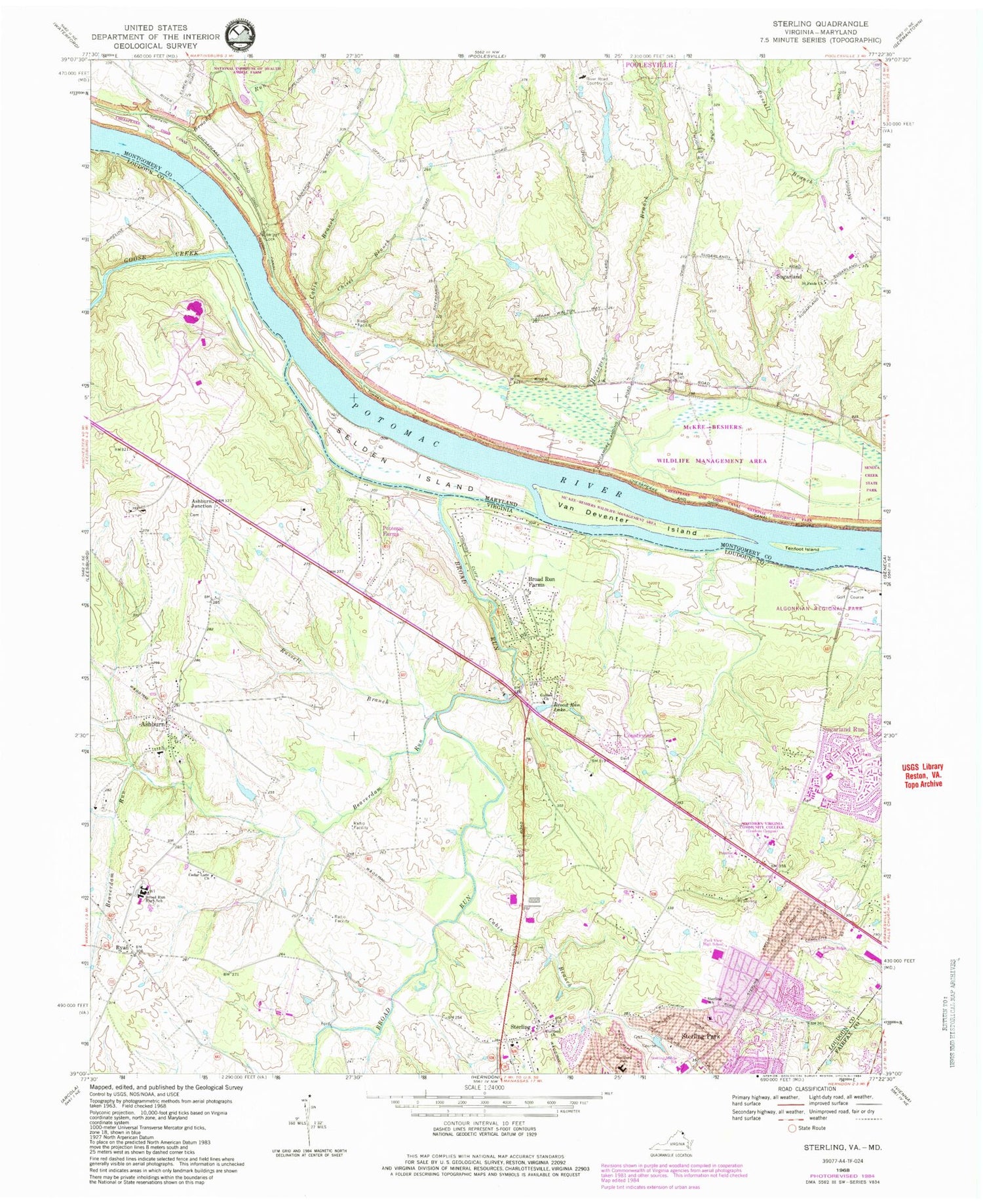 Classic USGS Sterling Virginia 7.5'x7.5' Topo Map Image