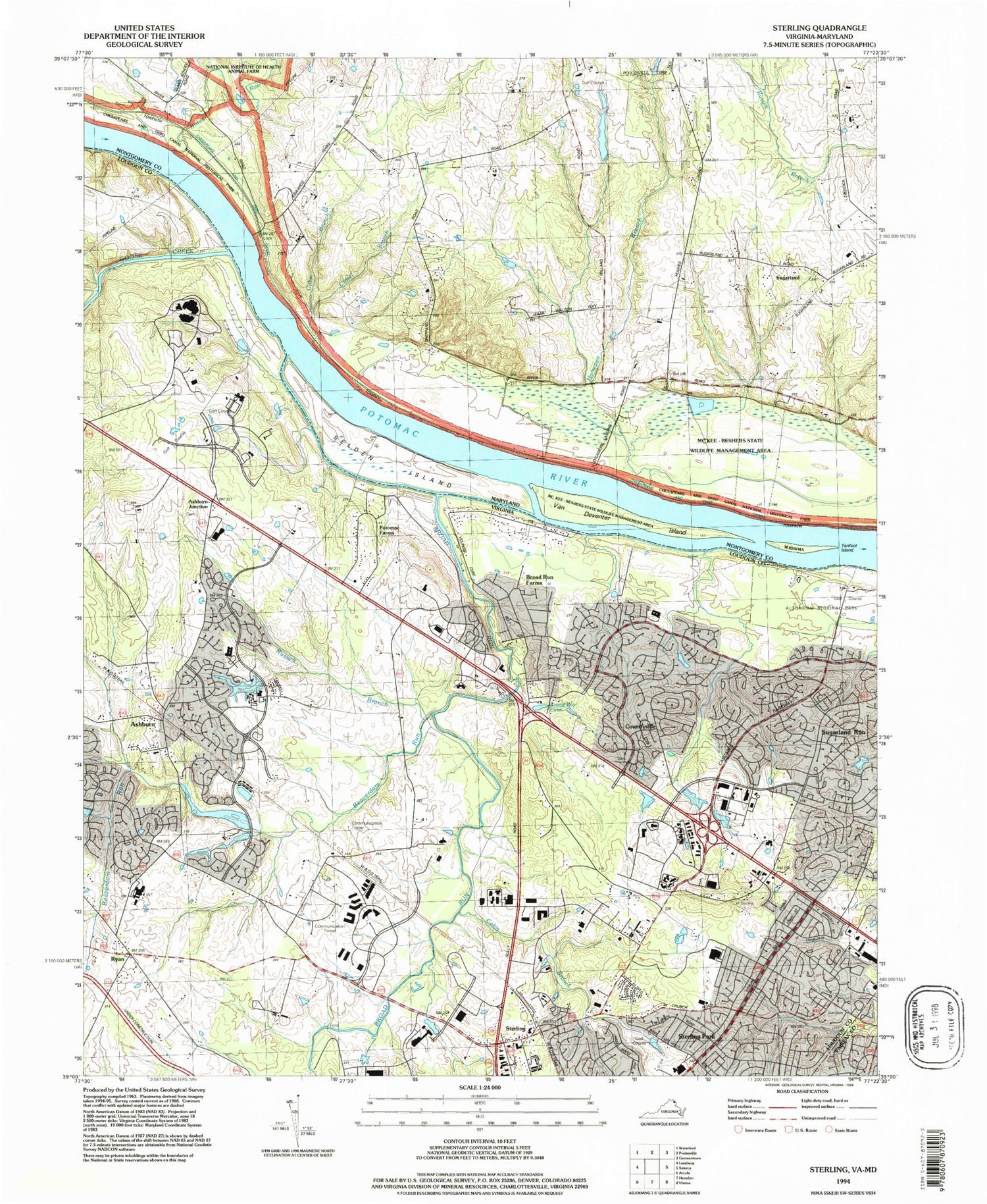 Classic USGS Sterling Virginia 7.5'x7.5' Topo Map Image
