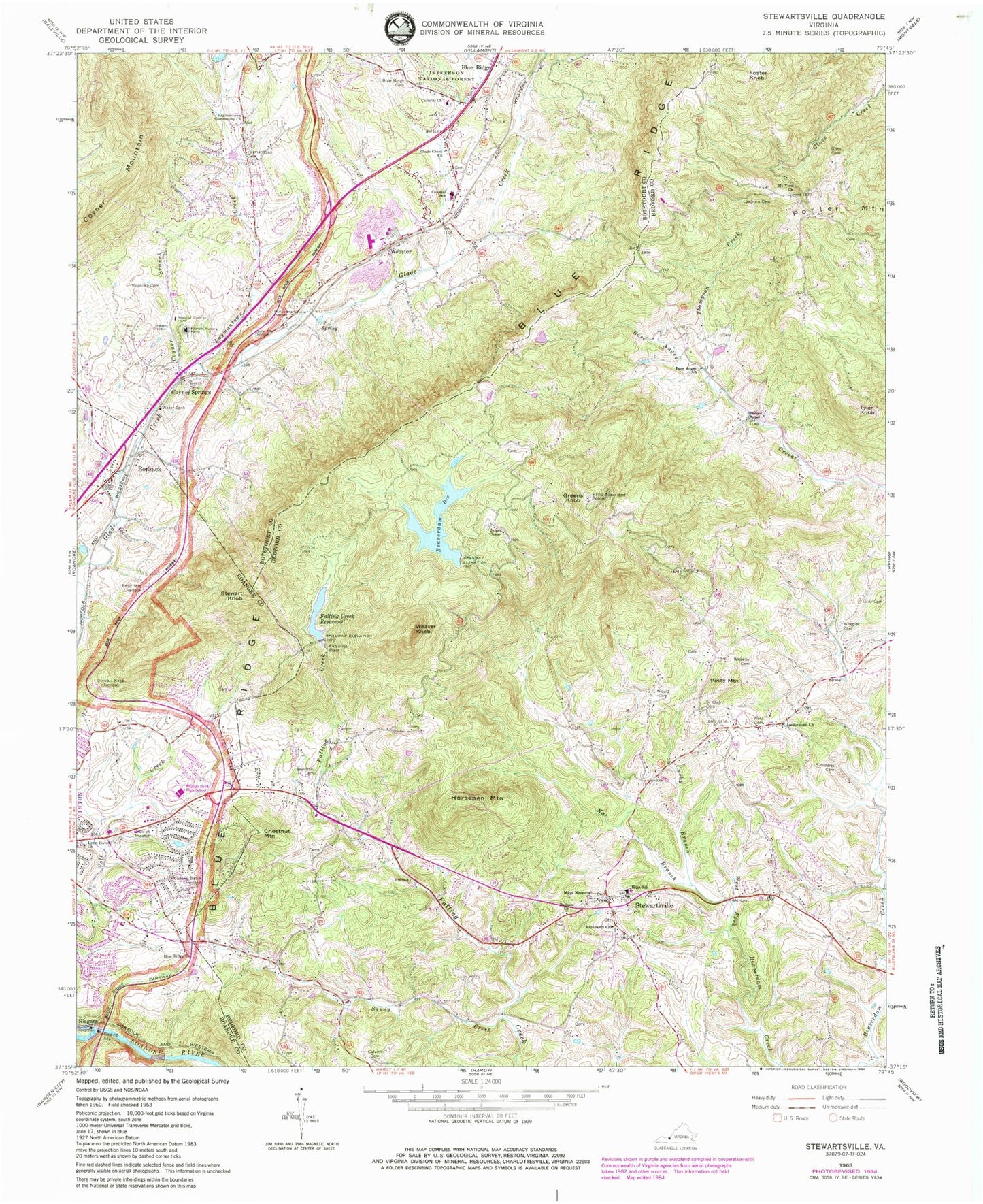 Classic USGS Stewartsville Virginia 7.5'x7.5' Topo Map Image