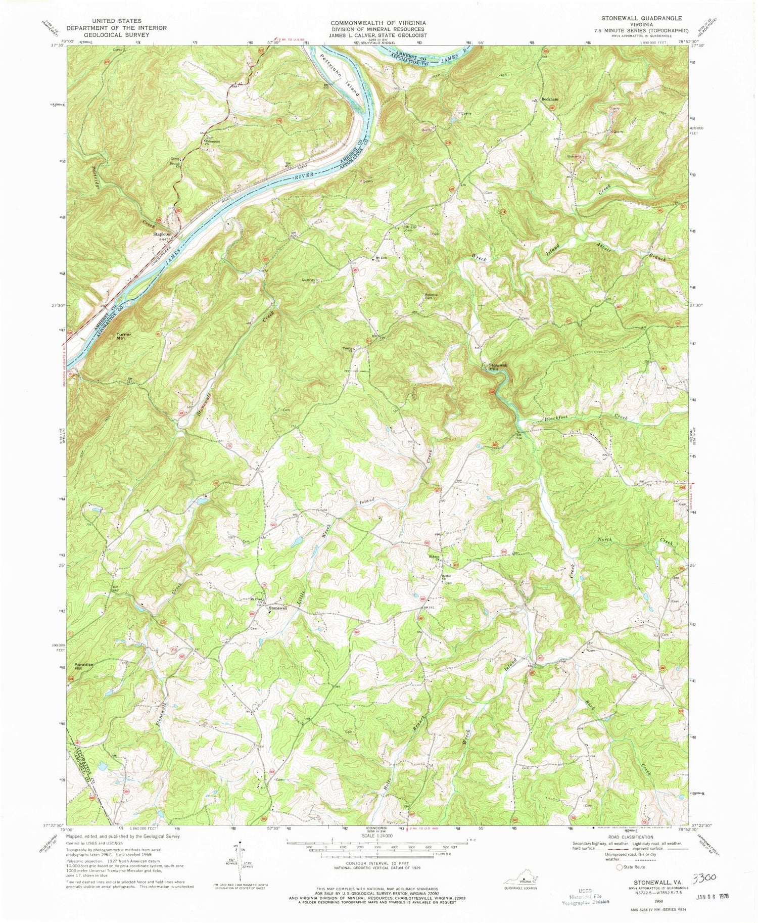 Classic USGS Stonewall Virginia 7.5'x7.5' Topo Map Image
