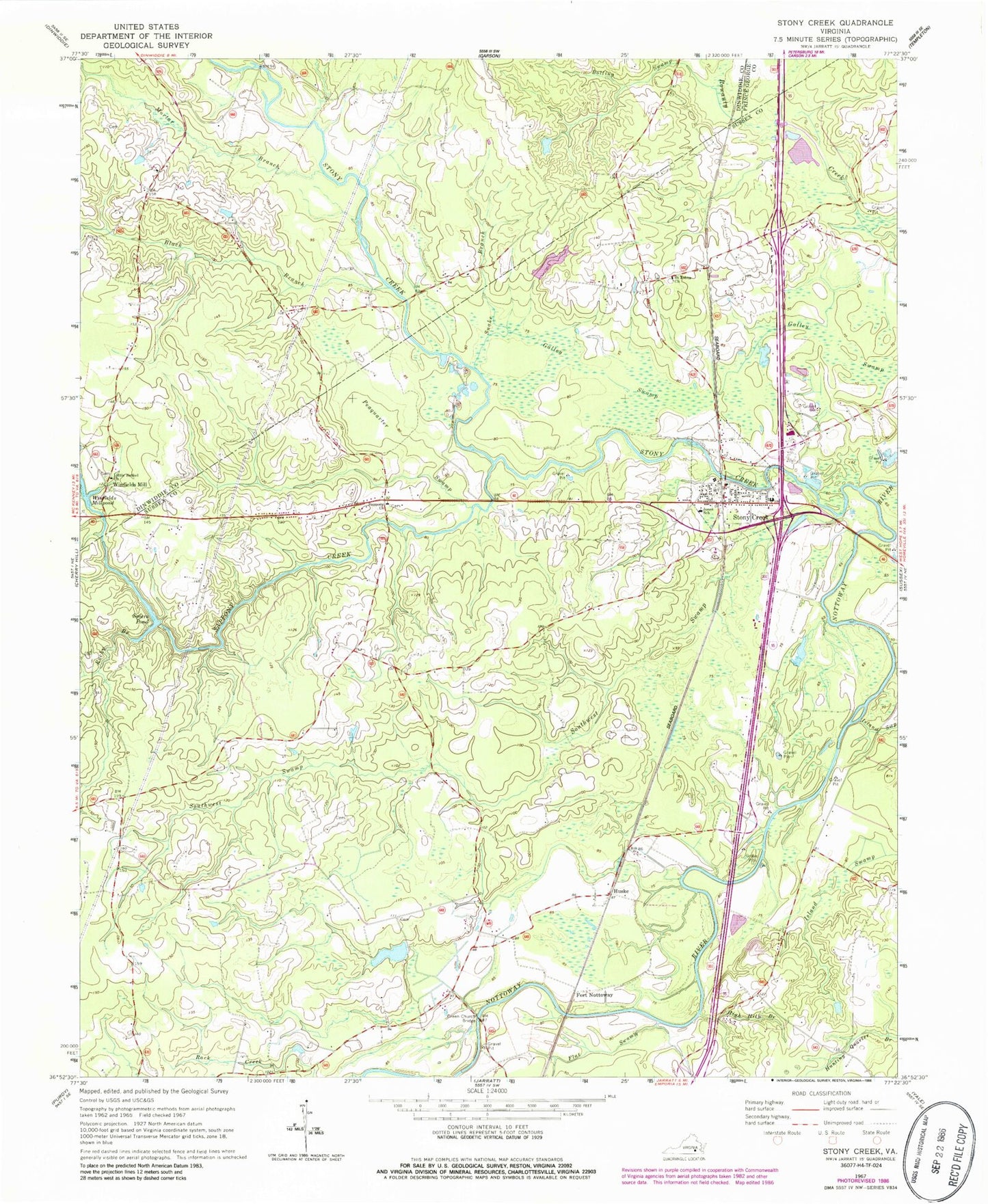 Classic USGS Stony Creek Virginia 7.5'x7.5' Topo Map Image