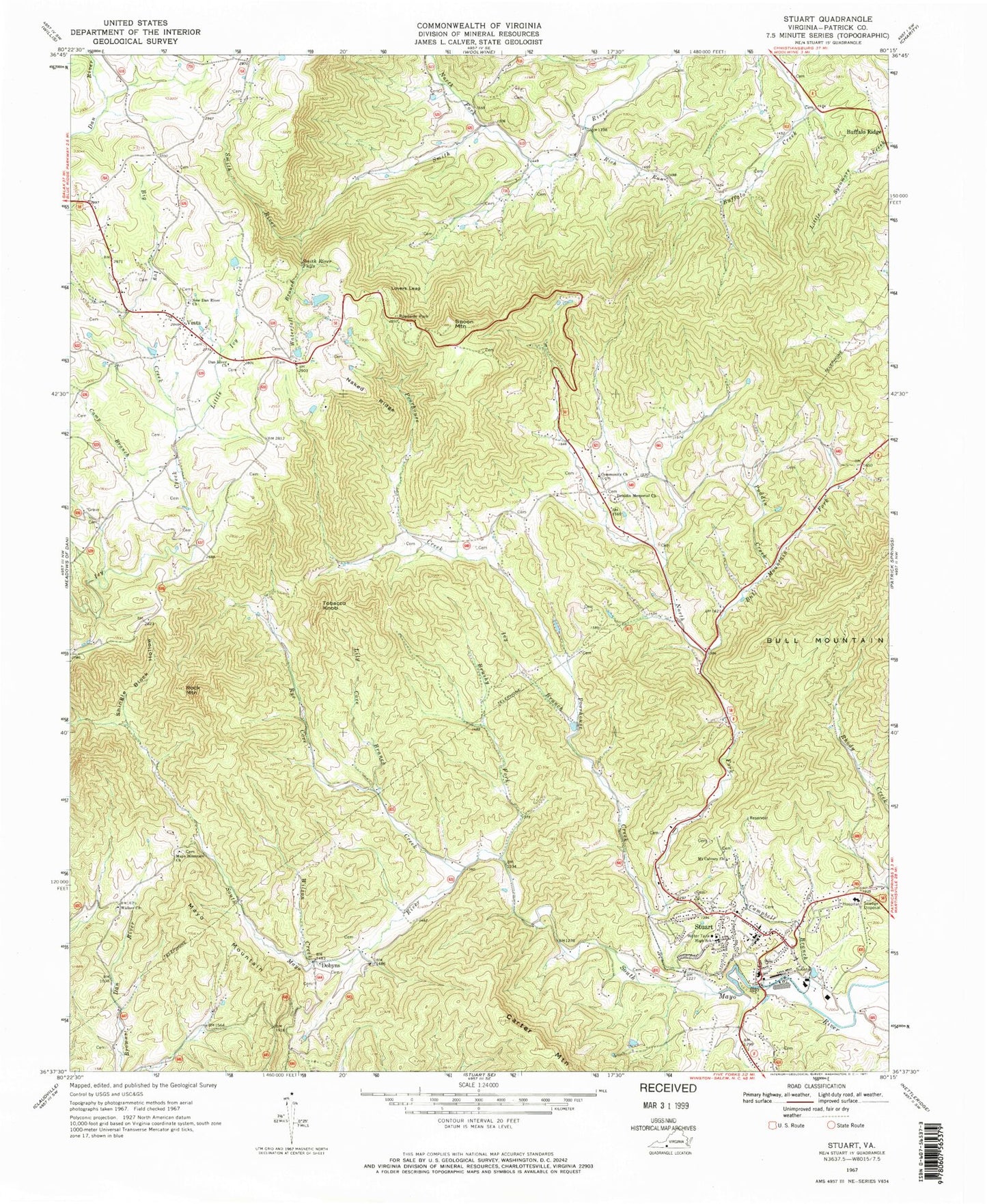 Classic USGS Stuart Virginia 7.5'x7.5' Topo Map Image
