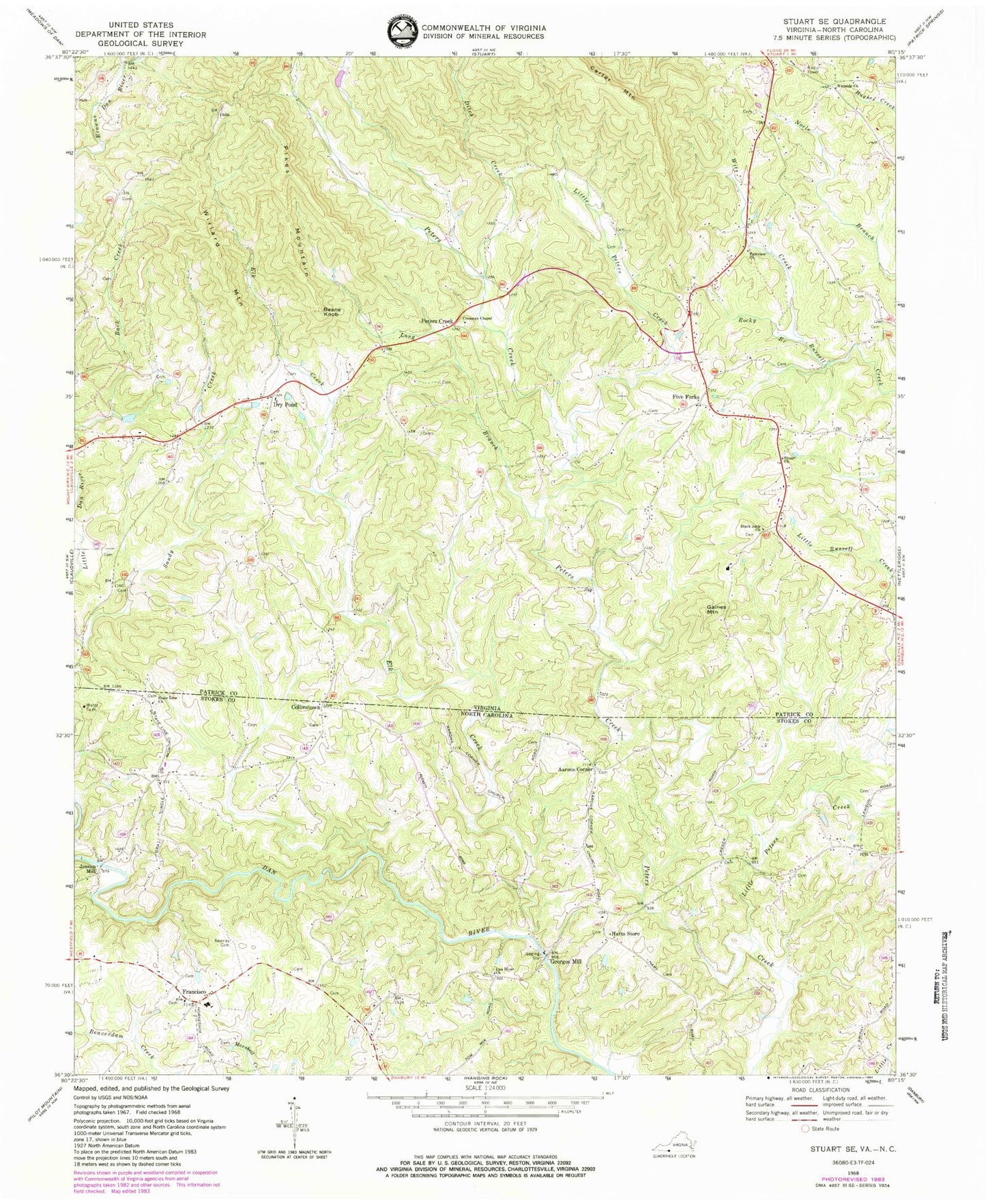 Classic USGS Stuart SE Virginia 7.5'x7.5' Topo Map Image