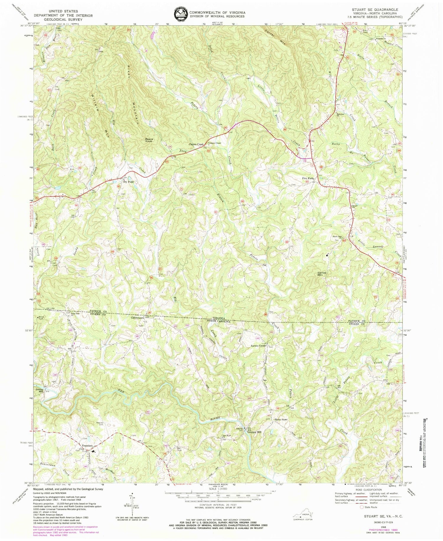 Classic USGS Stuart SE Virginia 7.5'x7.5' Topo Map Image