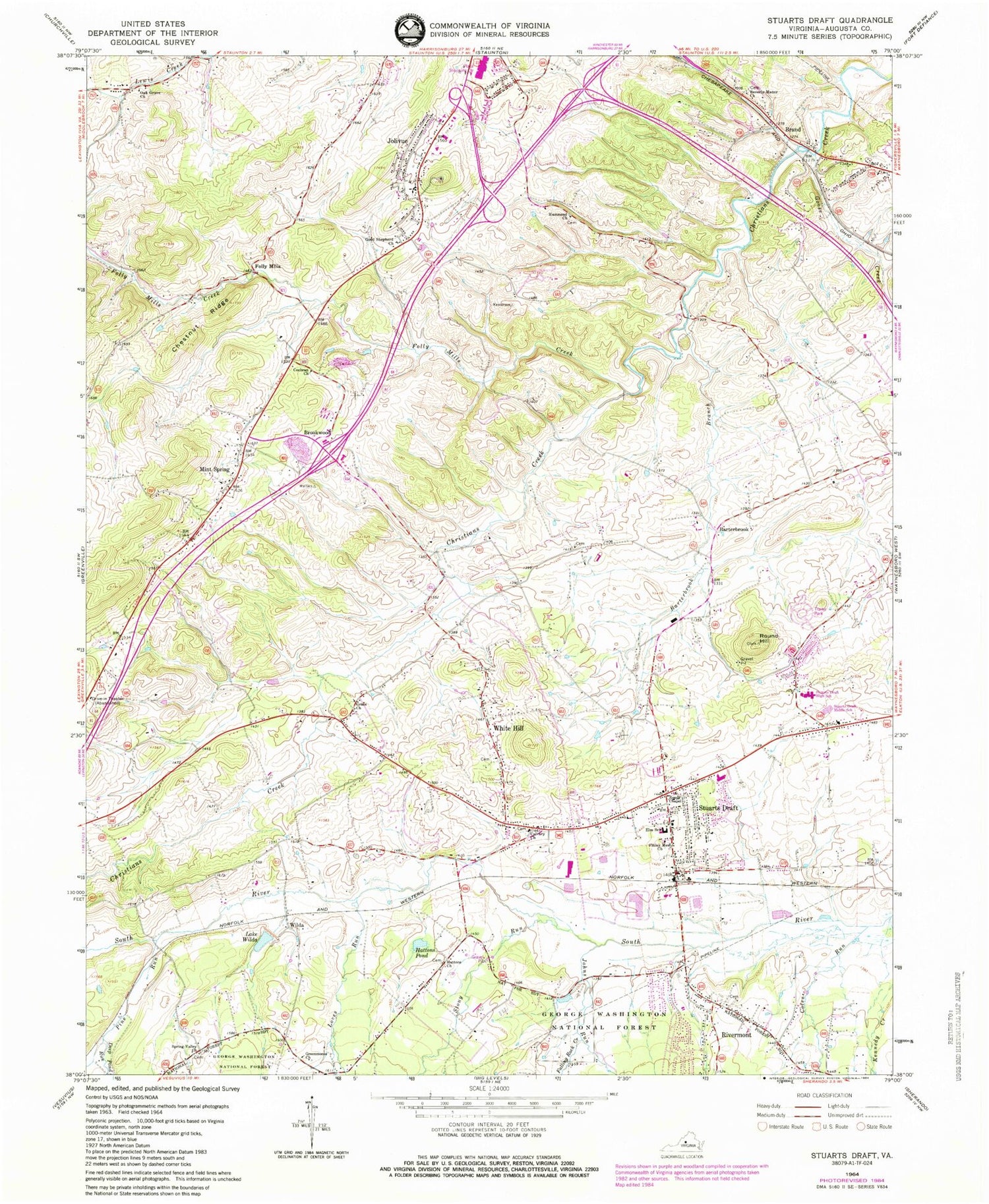 Classic USGS Stuarts Draft Virginia 7.5'x7.5' Topo Map Image