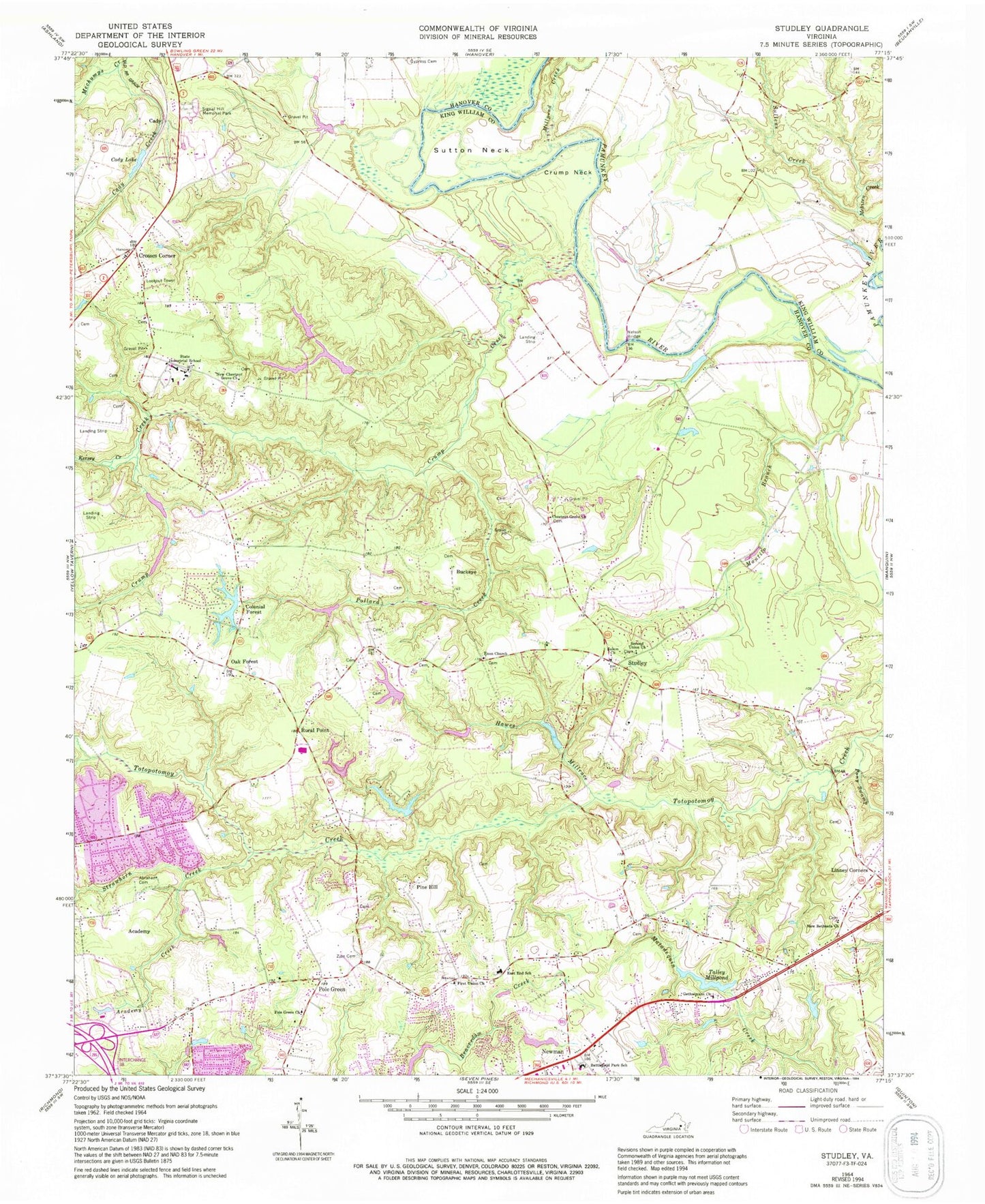 Classic USGS Studley Virginia 7.5'x7.5' Topo Map Image