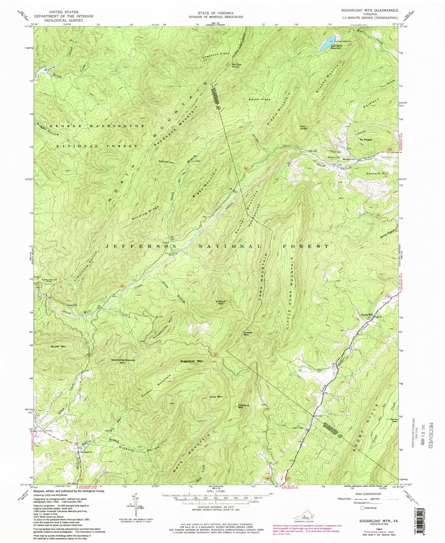Classic USGS Sugarloaf Mountain Virginia 7.5'x7.5' Topo Map Image