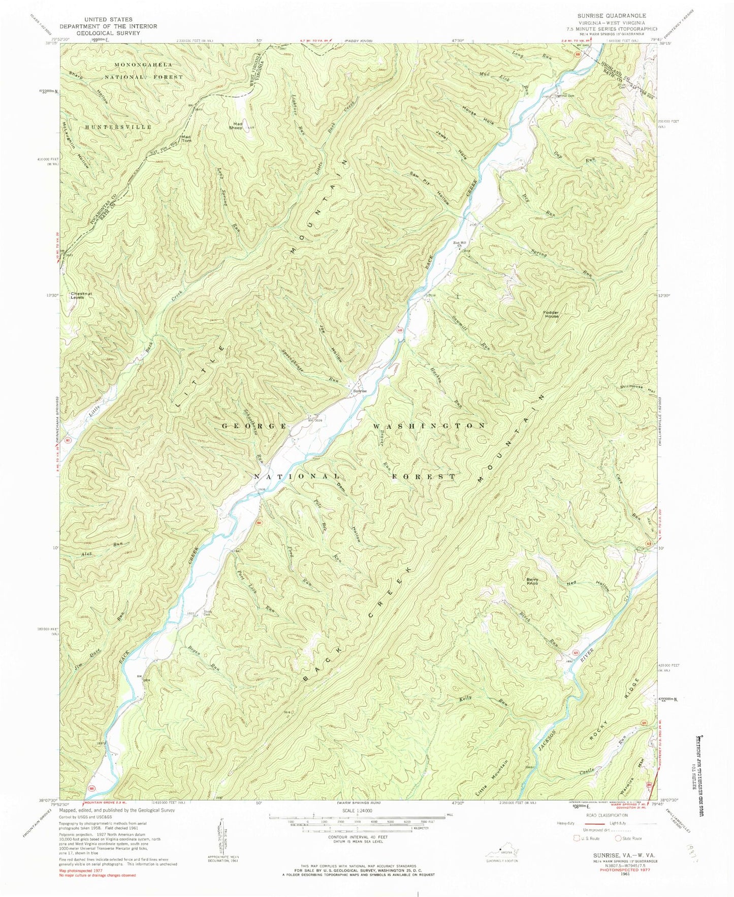 Classic USGS Sunrise Virginia 7.5'x7.5' Topo Map Image