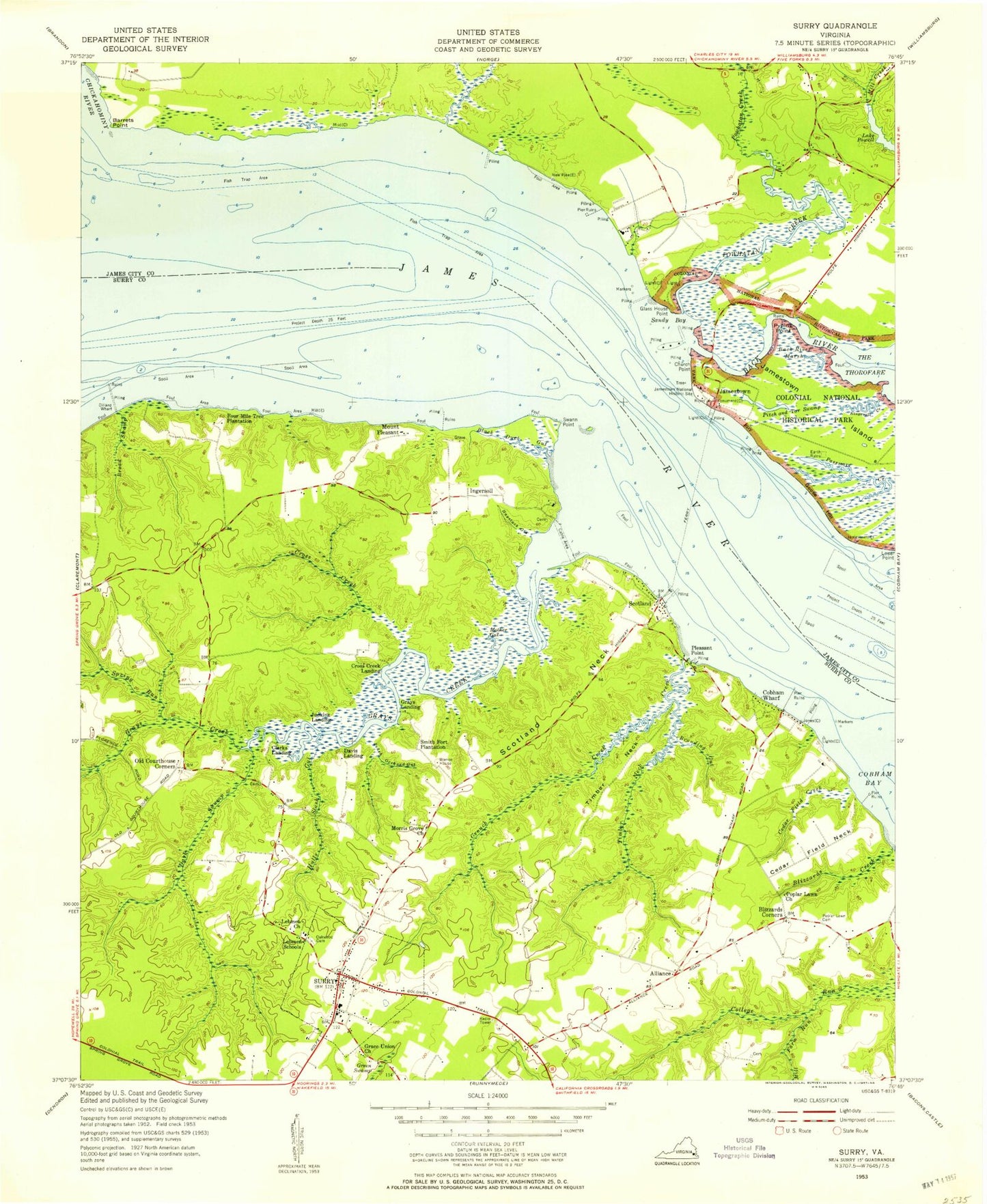 Classic USGS Surry Virginia 7.5'x7.5' Topo Map Image