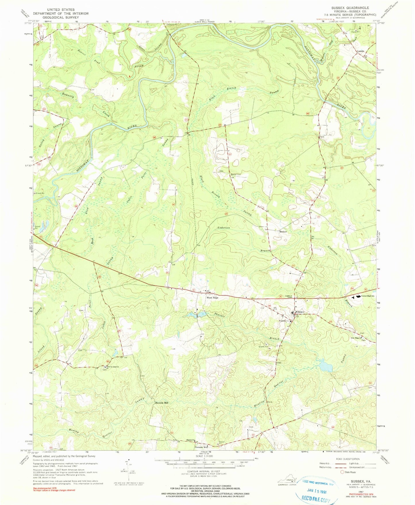 Classic USGS Sussex Virginia 7.5'x7.5' Topo Map Image