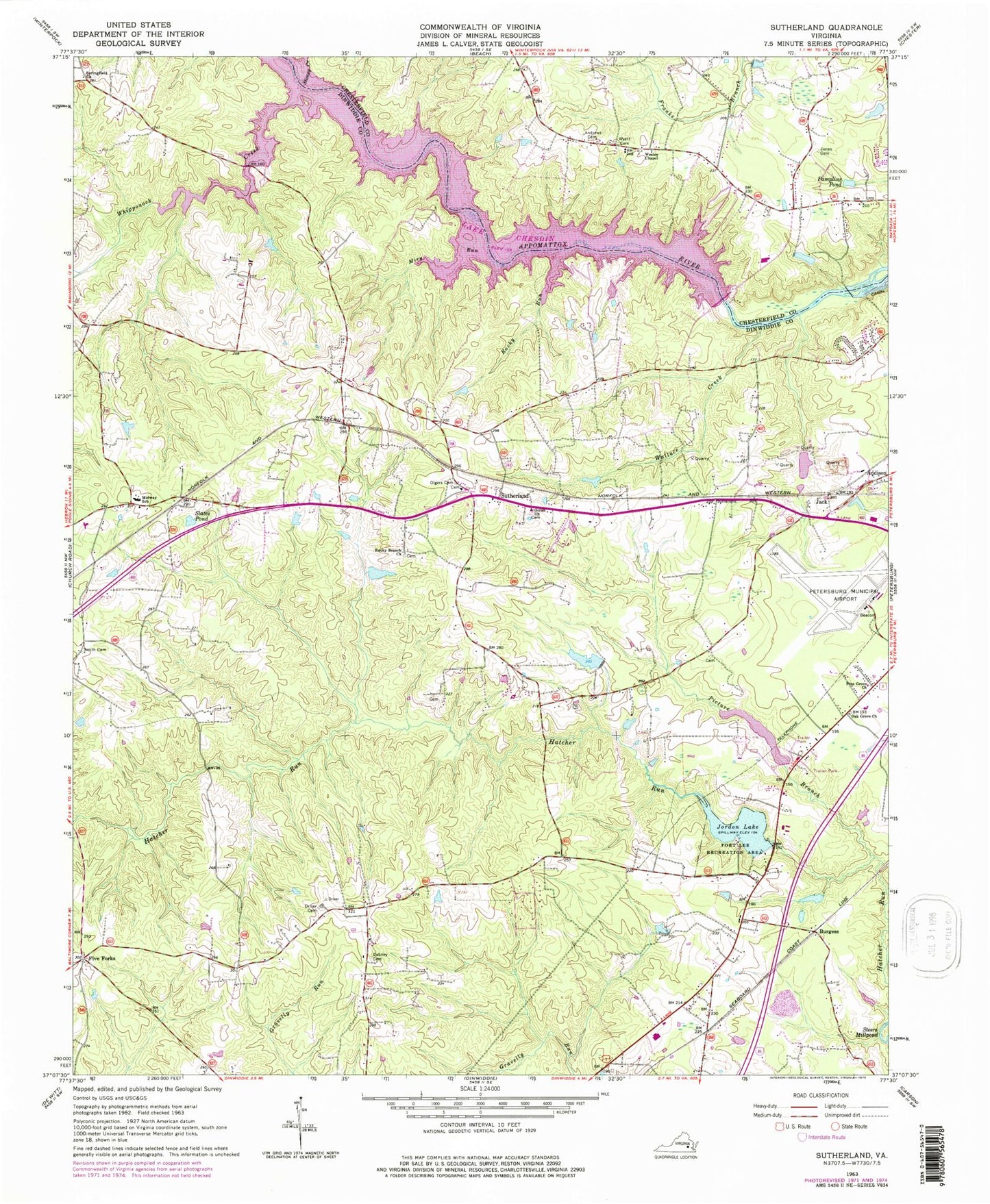 Classic USGS Sutherland Virginia 7.5'x7.5' Topo Map Image