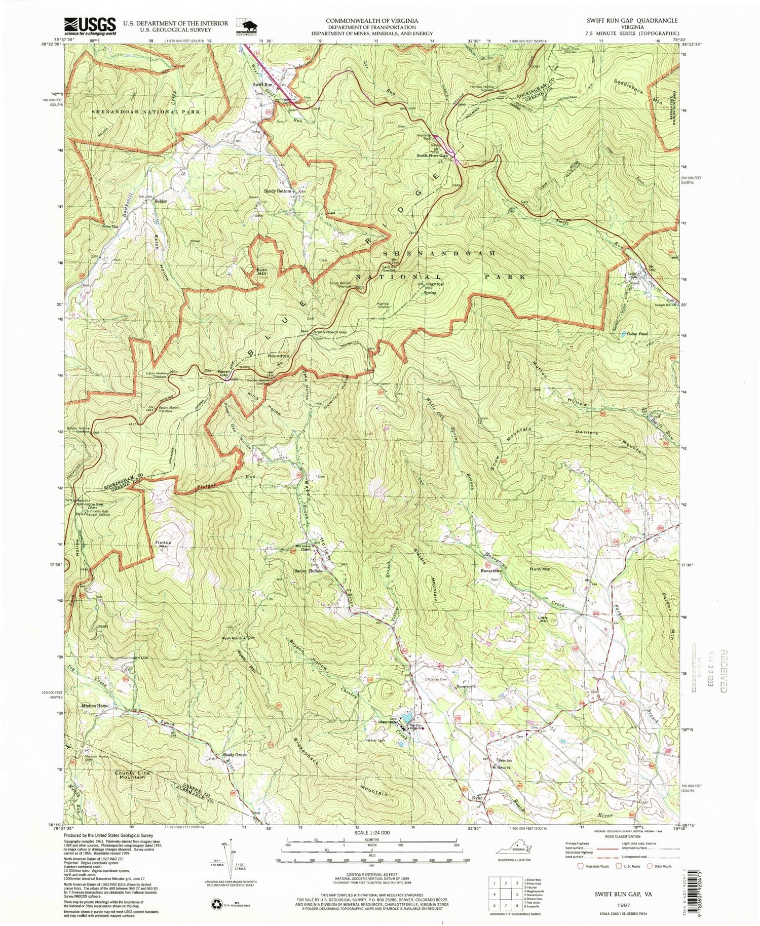 USGS Classic Swift Run Gap Virginia 7.5'x7.5' Topo Map Image