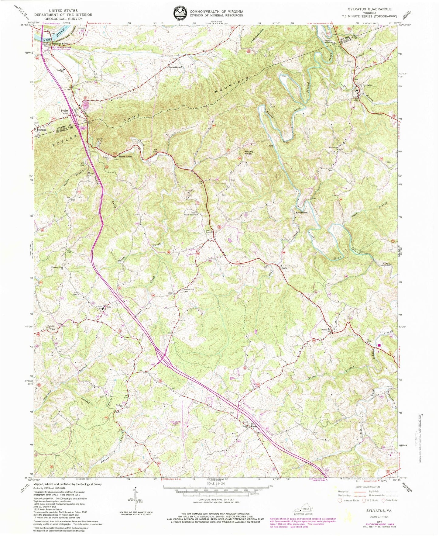 Classic USGS Sylvatus Virginia 7.5'x7.5' Topo Map Image