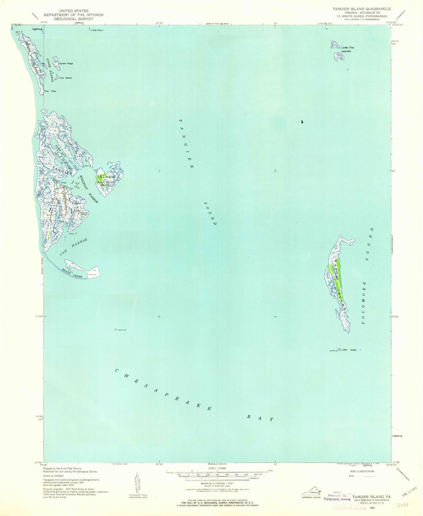 Classic USGS Tangier Island Virginia 7.5'x7.5' Topo Map Image