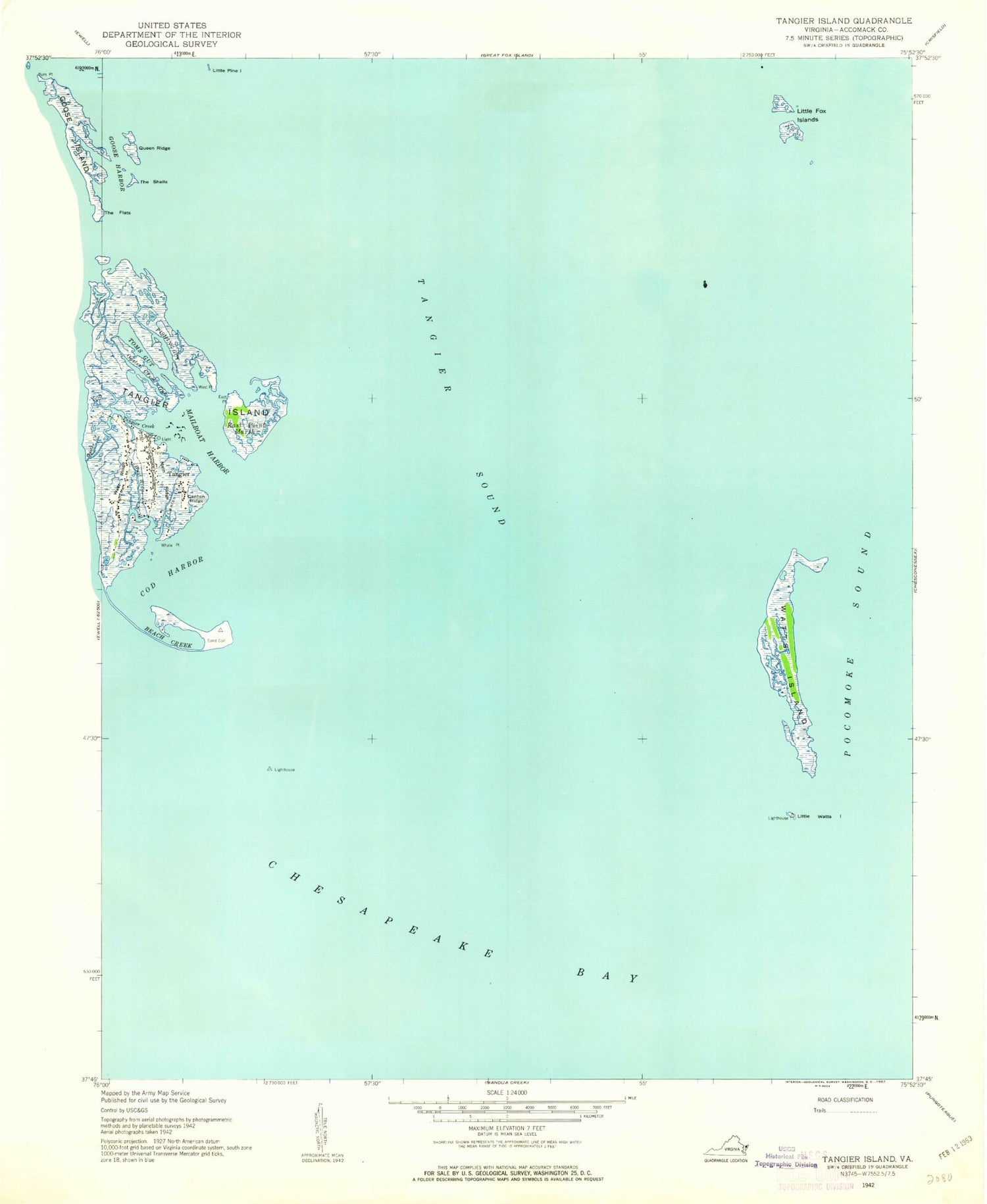 Classic USGS Tangier Island Virginia 7.5'x7.5' Topo Map Image