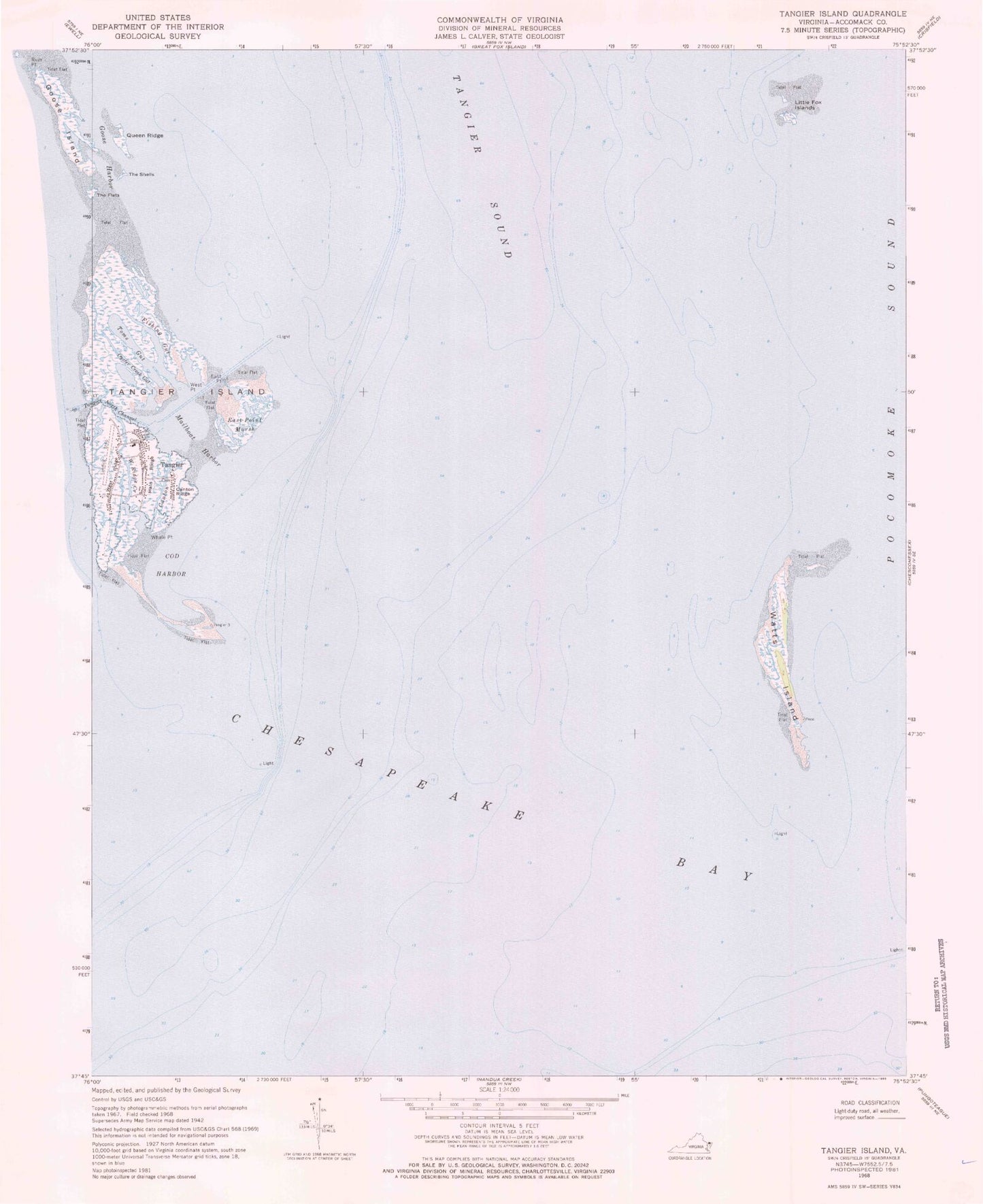 Classic USGS Tangier Island Virginia 7.5'x7.5' Topo Map Image