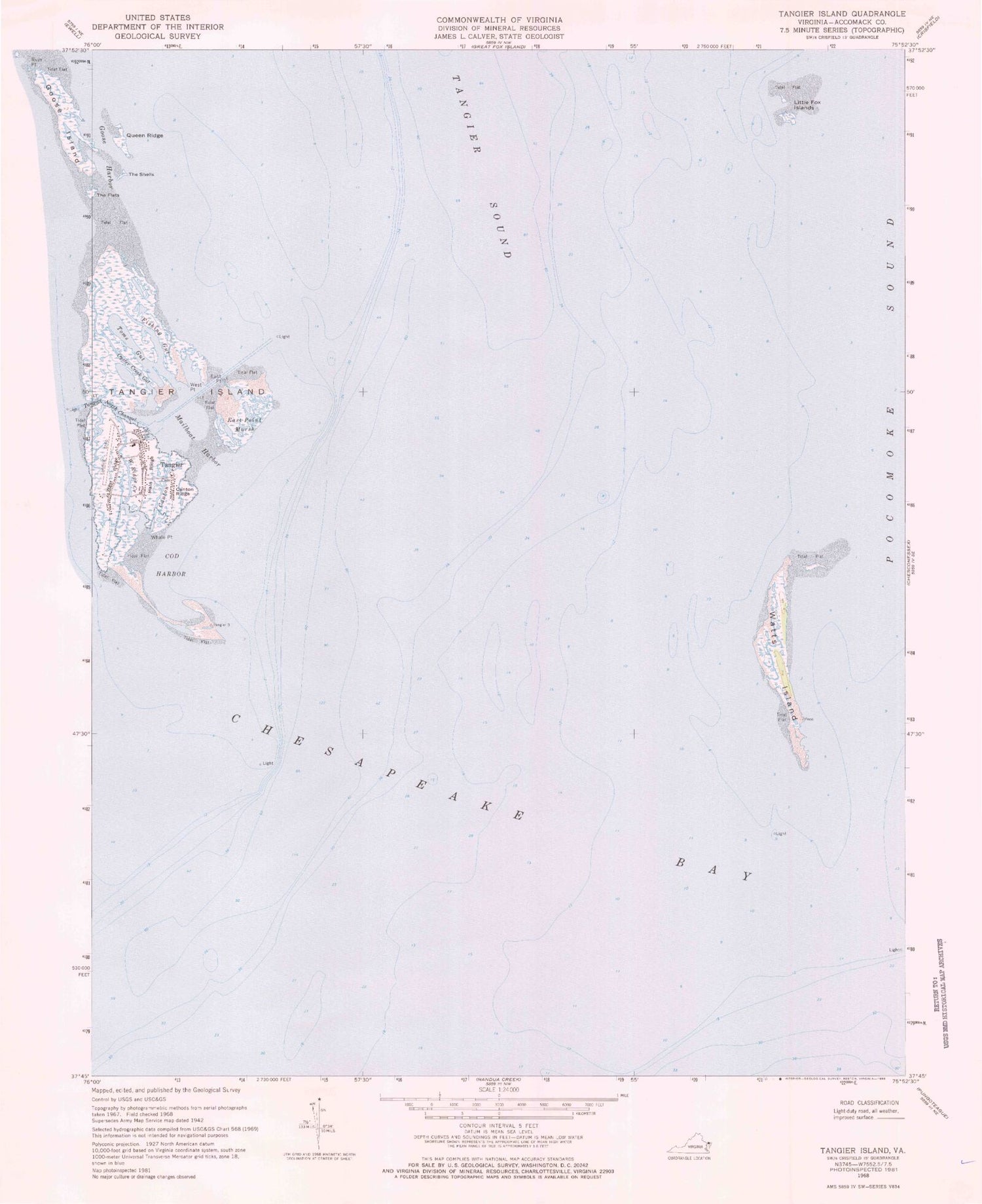 Classic USGS Tangier Island Virginia 7.5'x7.5' Topo Map Image