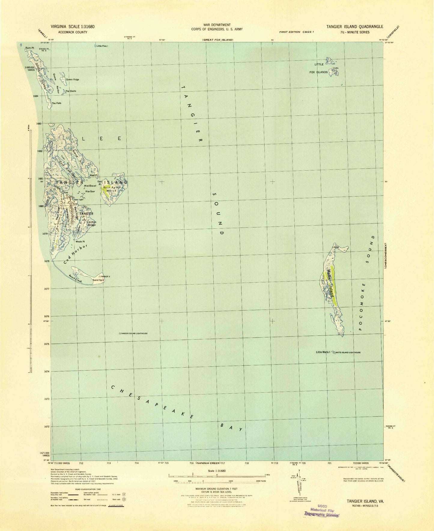 Classic USGS Tangier Island Virginia 7.5'x7.5' Topo Map Image
