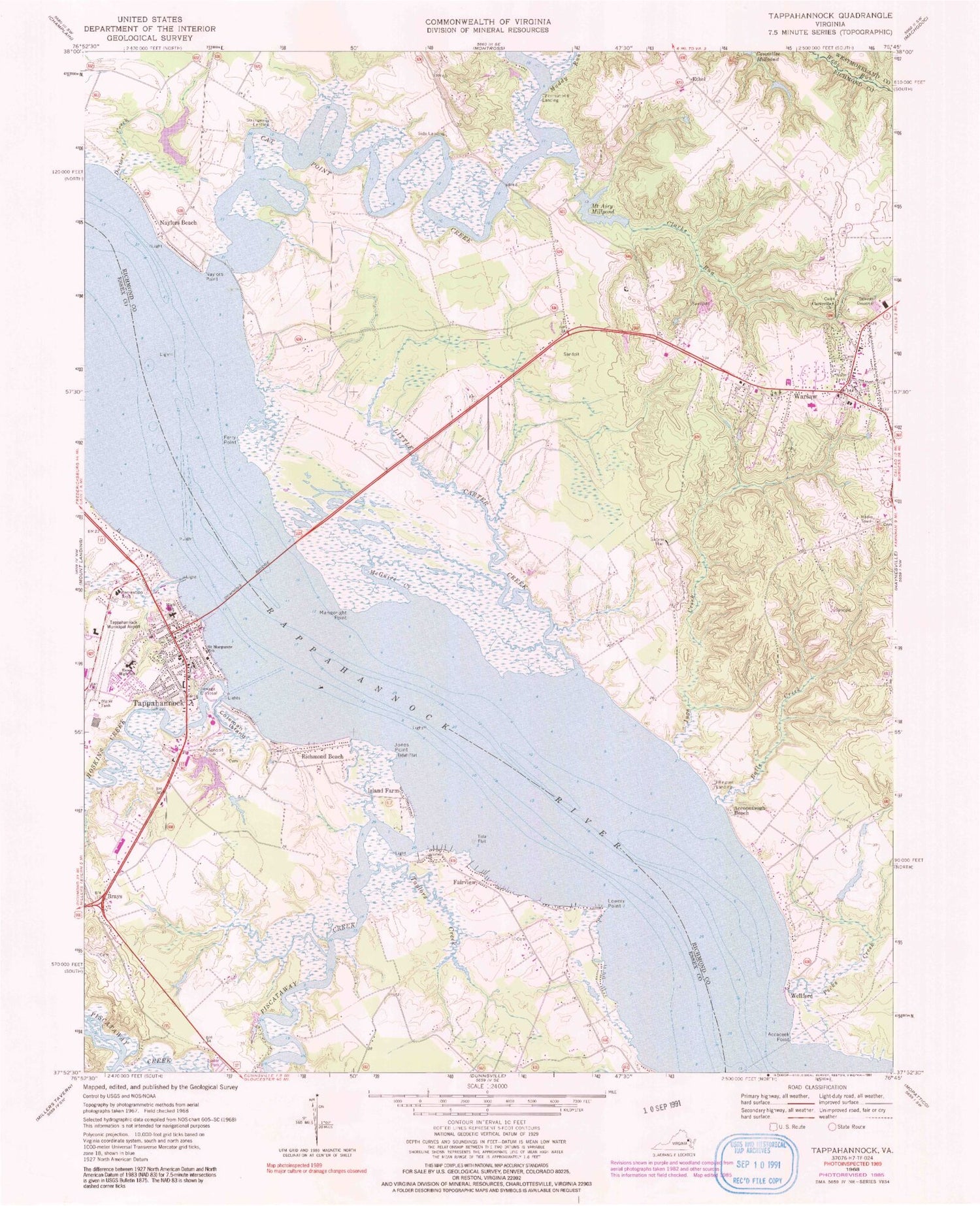 Classic USGS Tappahannock Virginia 7.5'x7.5' Topo Map Image