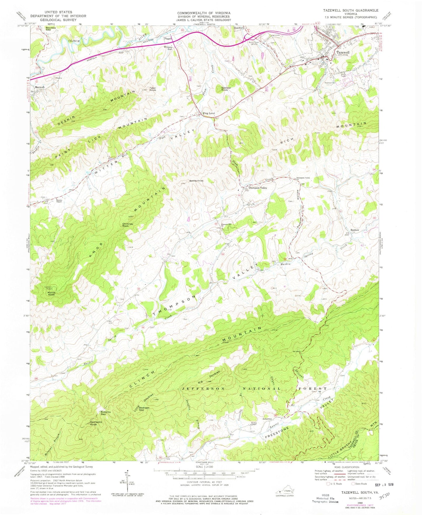 Classic USGS Tazewell South Virginia 7.5'x7.5' Topo Map Image