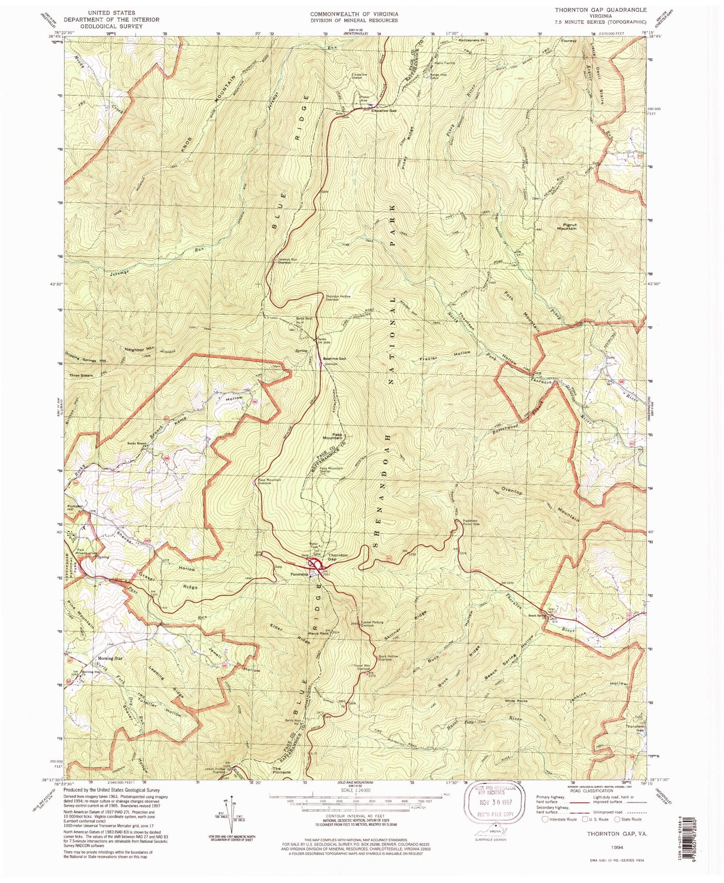 USGS Classic Thornton Gap Virginia 7.5'x7.5' Topo Map Image