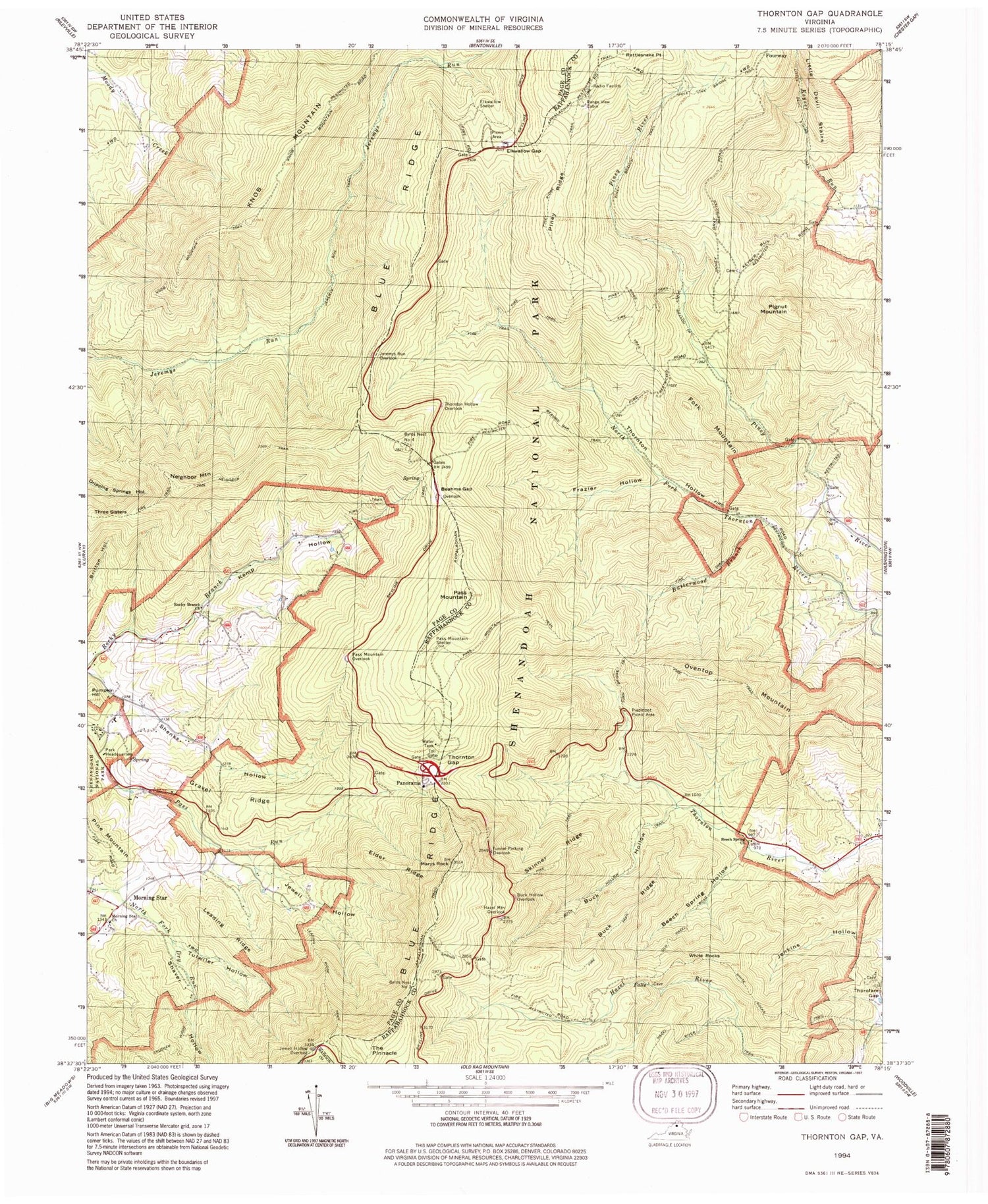 USGS Classic Thornton Gap Virginia 7.5'x7.5' Topo Map Image