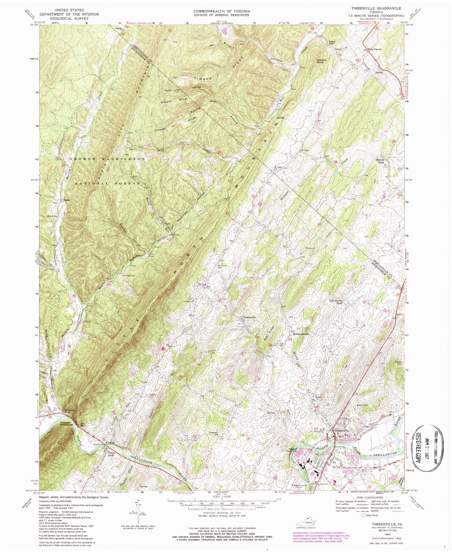 Classic USGS Timberville Virginia 7.5'x7.5' Topo Map Image