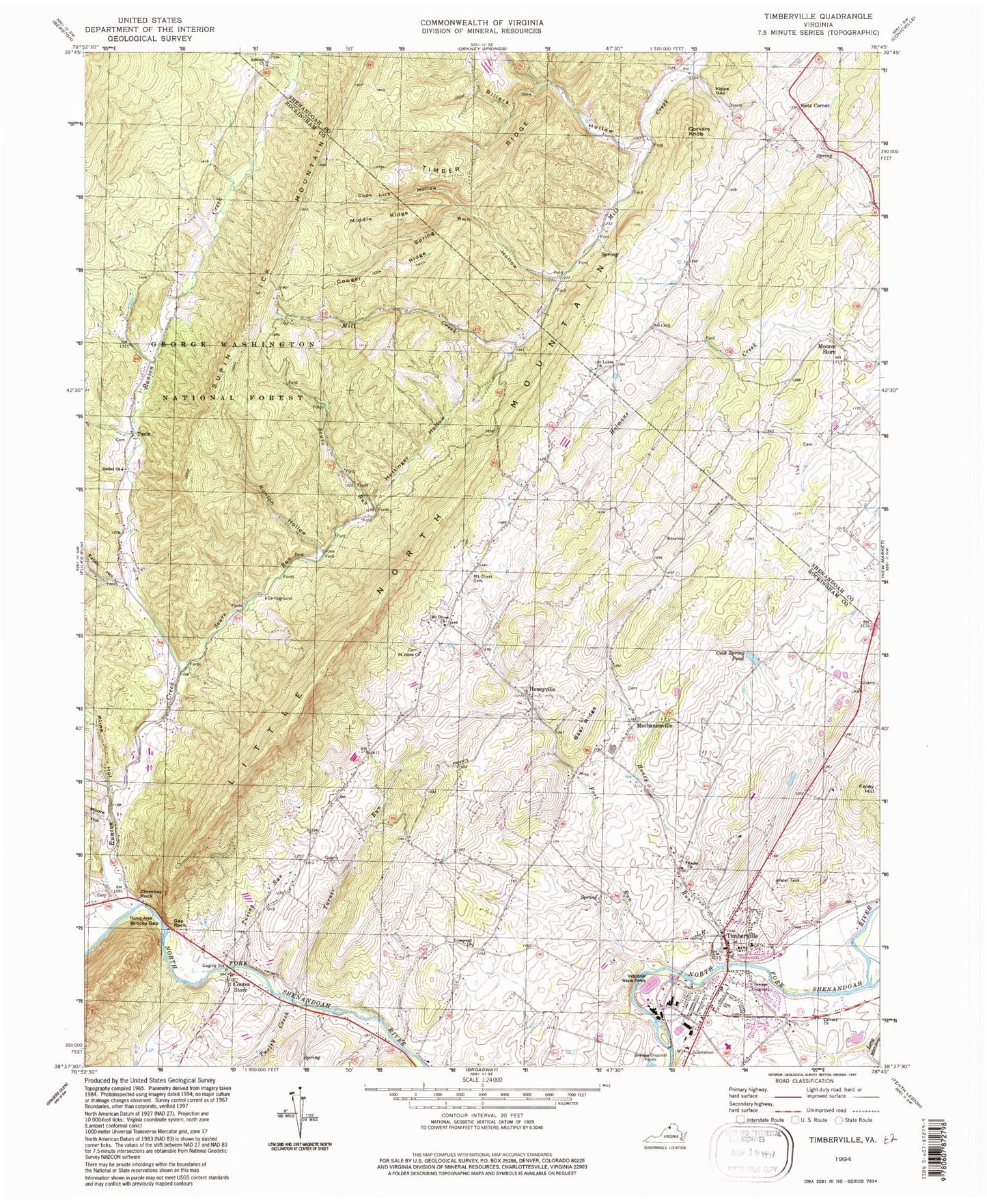 Classic USGS Timberville Virginia 7.5'x7.5' Topo Map Image