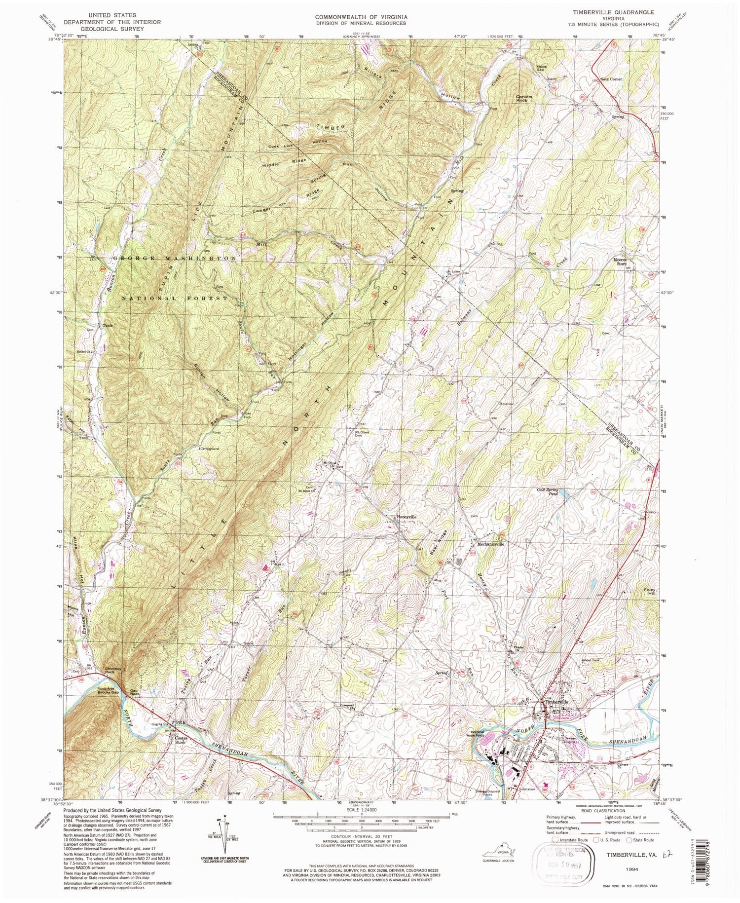 Classic USGS Timberville Virginia 7.5'x7.5' Topo Map Image