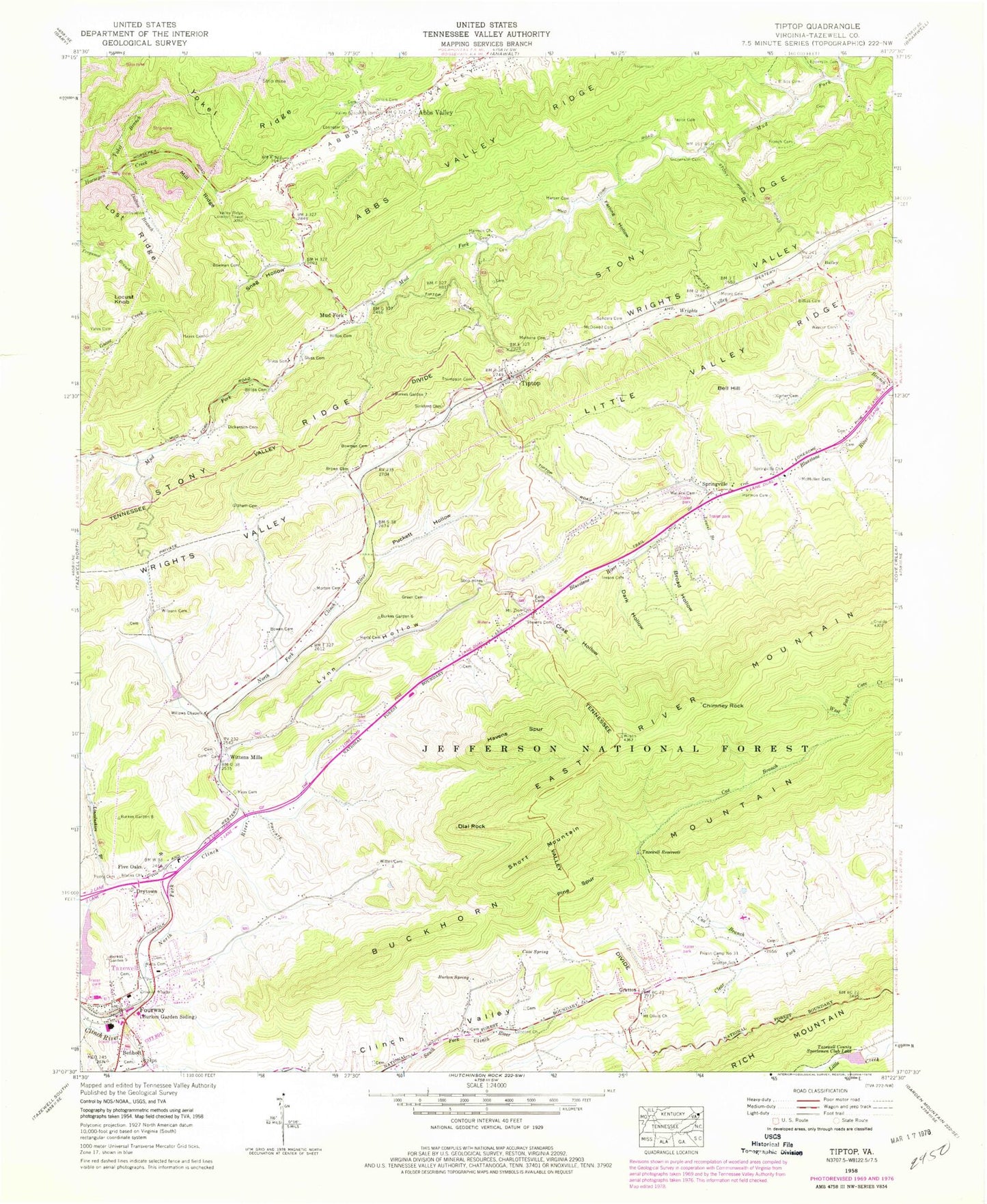 Classic USGS Tiptop Virginia 7.5'x7.5' Topo Map Image