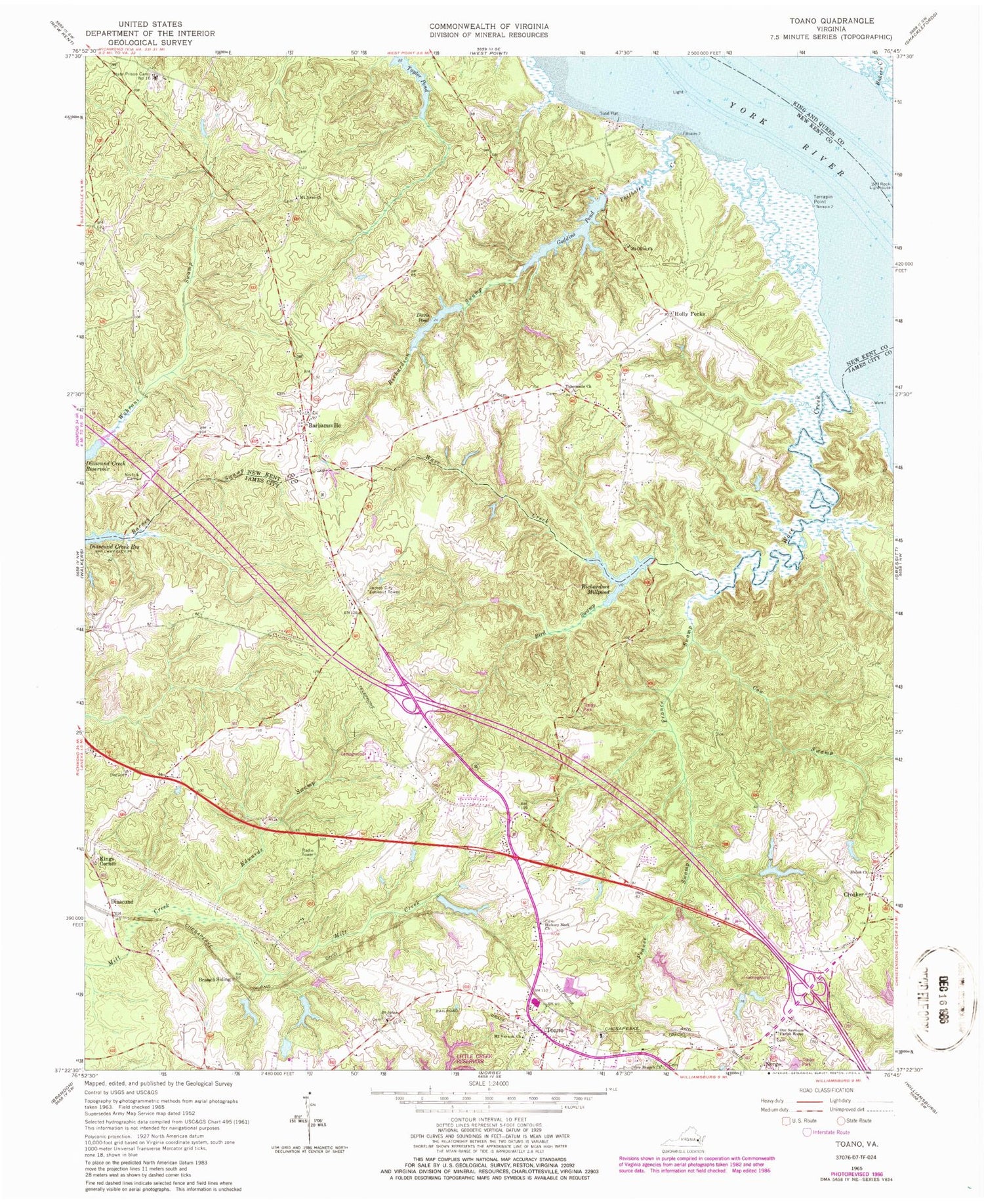 Classic USGS Toano Virginia 7.5'x7.5' Topo Map Image