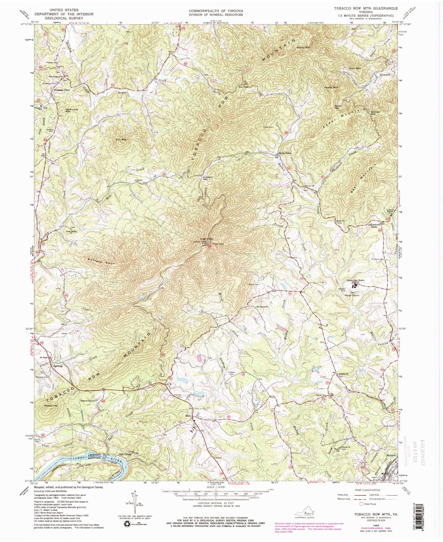 Classic USGS Tobacco Row Mountain Virginia 7.5'x7.5' Topo Map Image