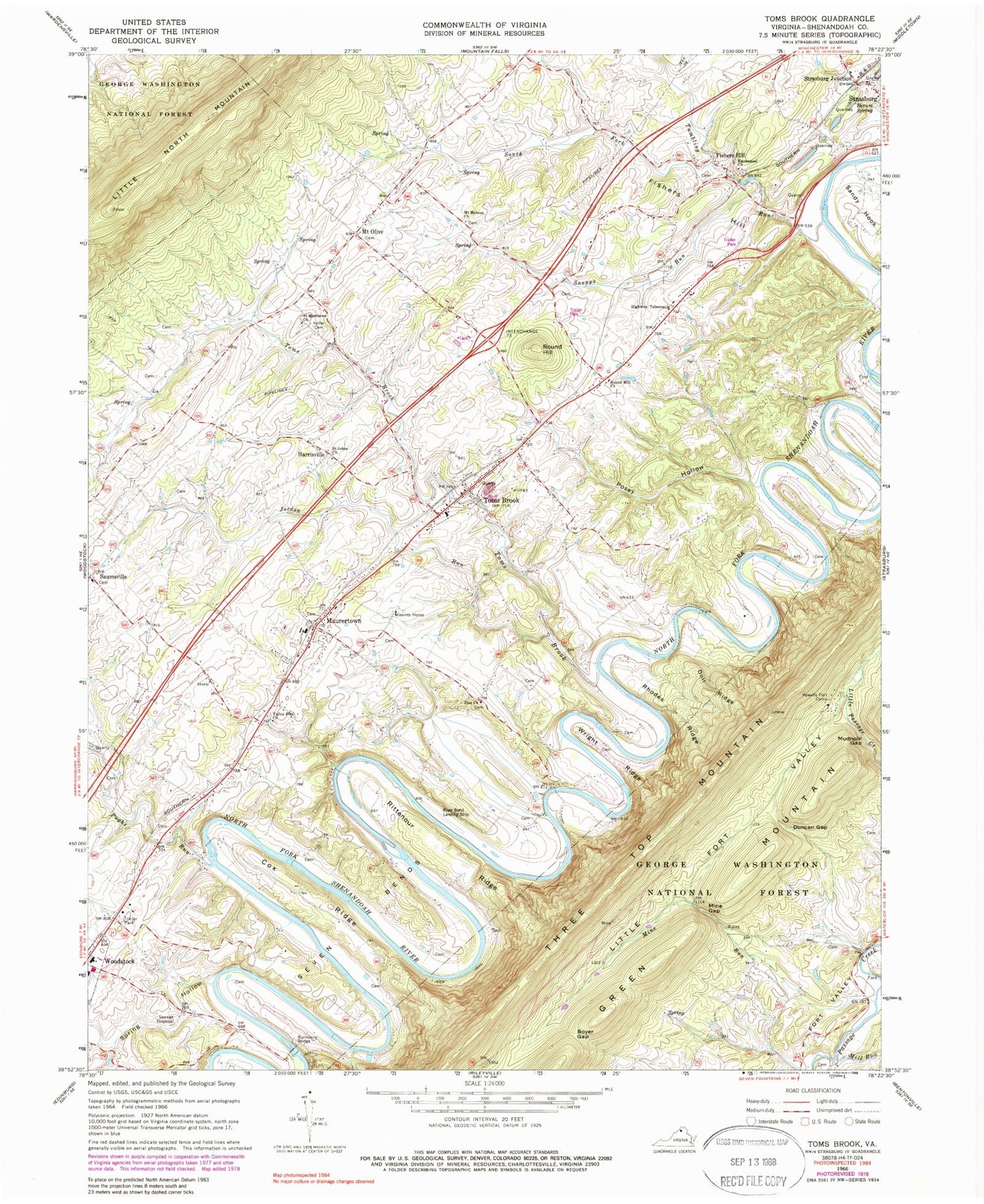 Classic USGS Toms Brook Virginia 7.5'x7.5' Topo Map Image