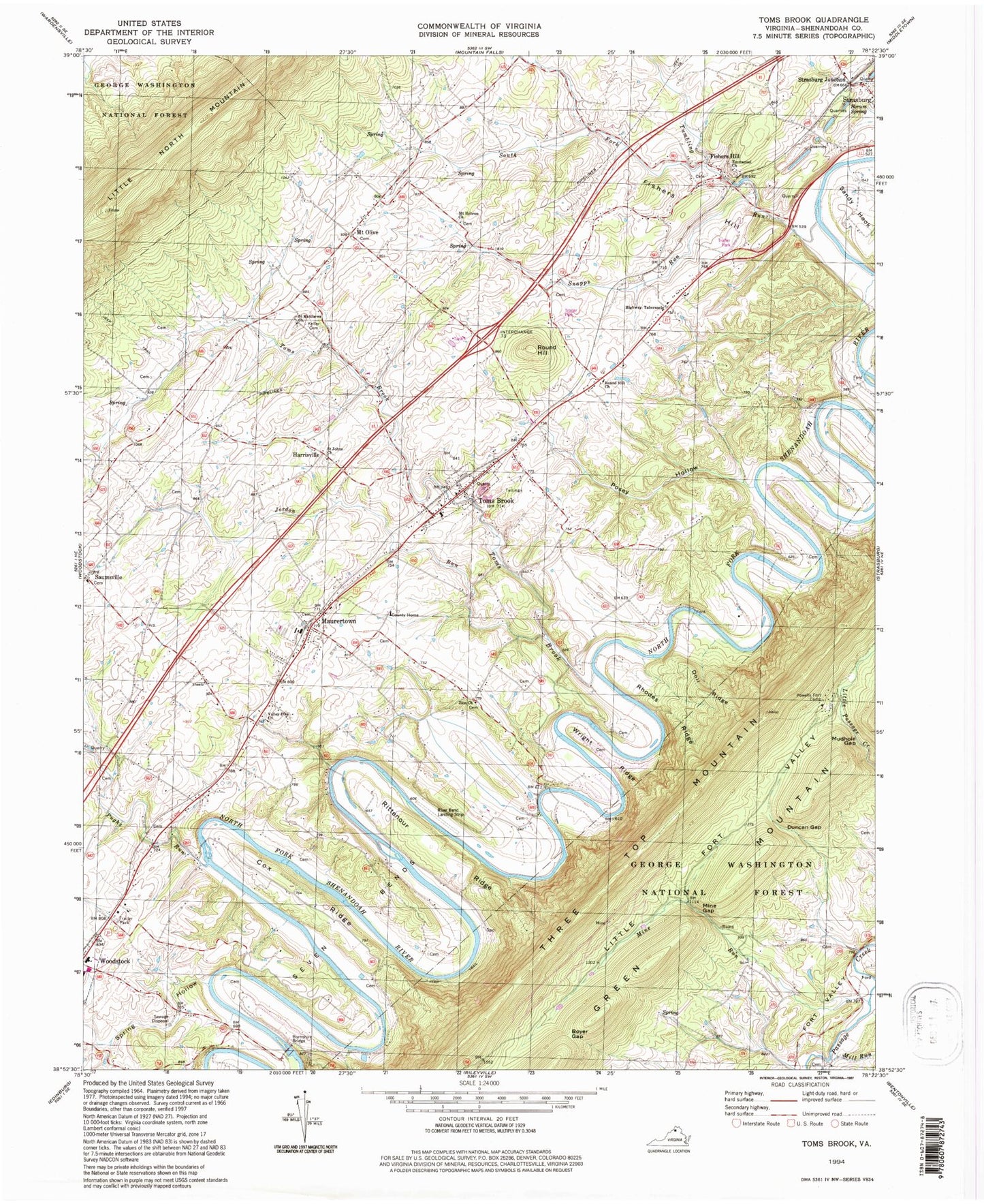 Classic USGS Toms Brook Virginia 7.5'x7.5' Topo Map Image