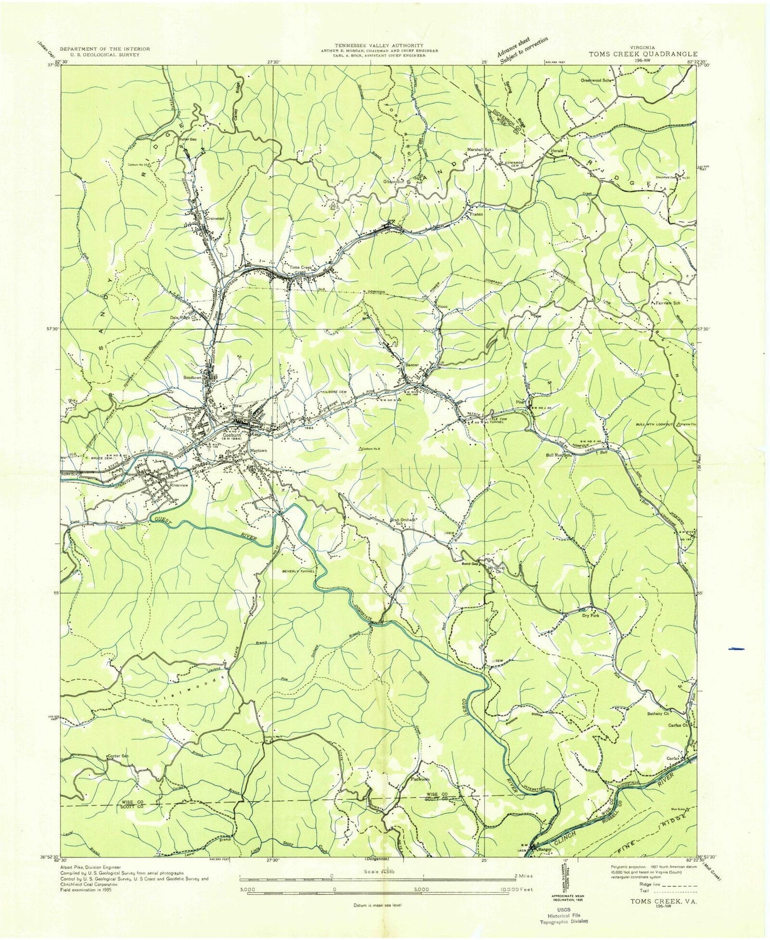 Classic USGS Coeburn Virginia 7.5'x7.5' Topo Map Image