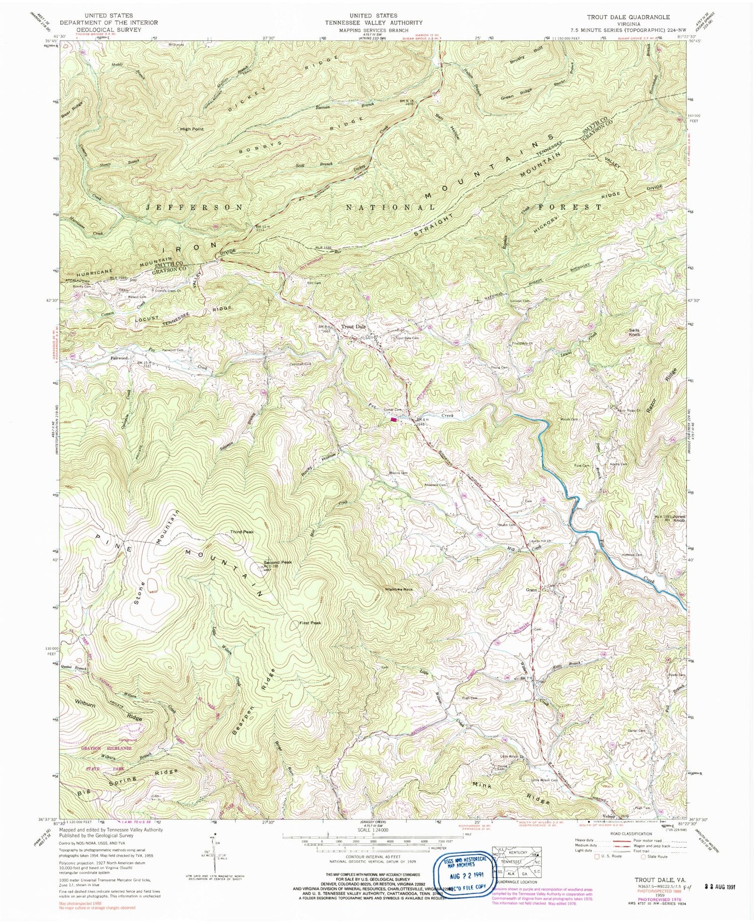 Classic USGS Trout Dale Virginia 7.5'x7.5' Topo Map Image