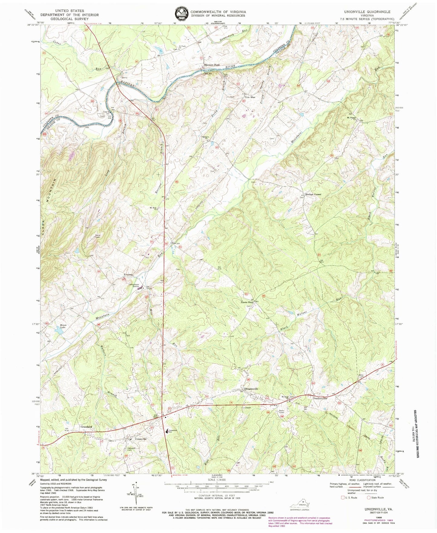 Classic USGS Unionville Virginia 7.5'x7.5' Topo Map Image