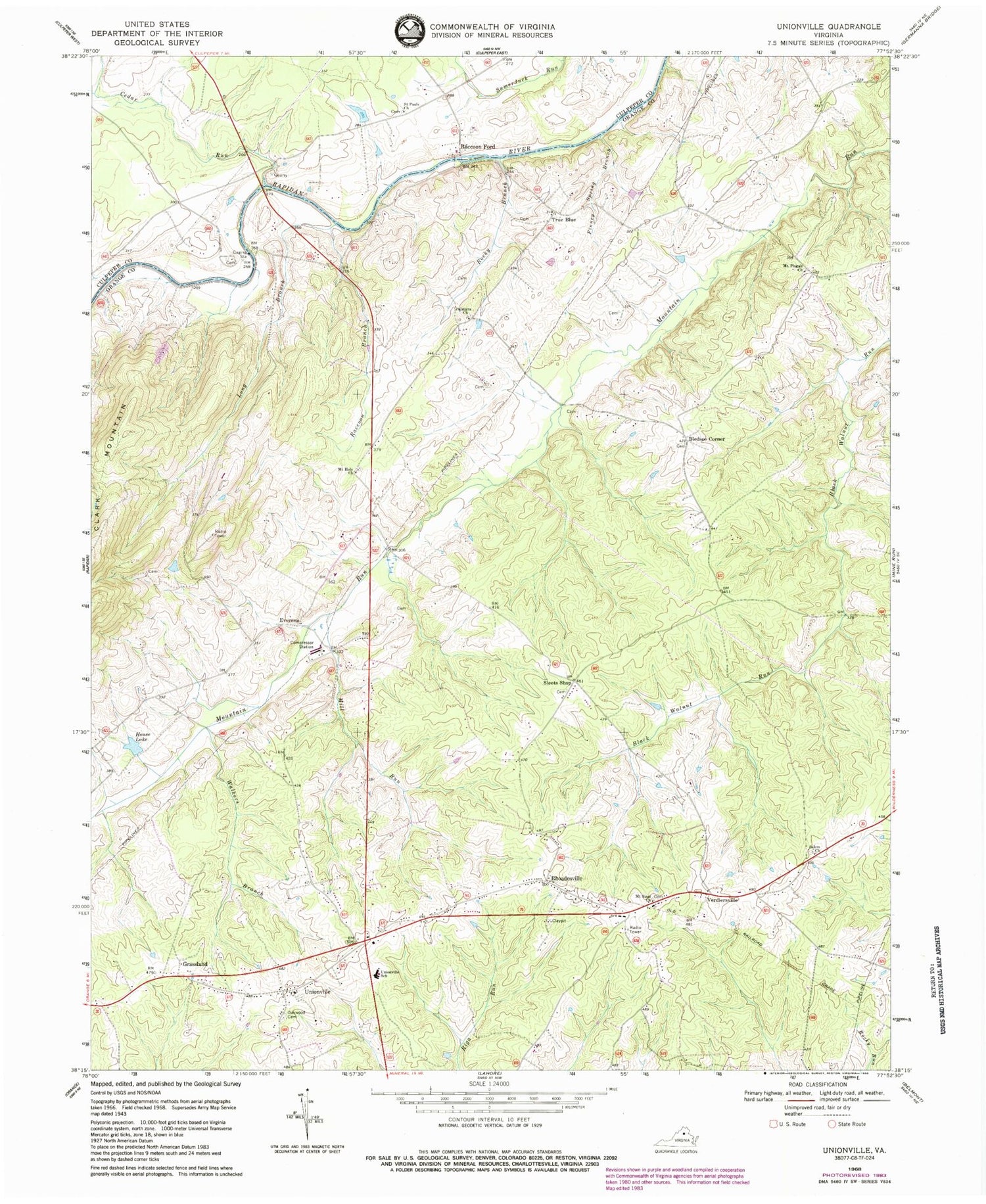 Classic USGS Unionville Virginia 7.5'x7.5' Topo Map Image