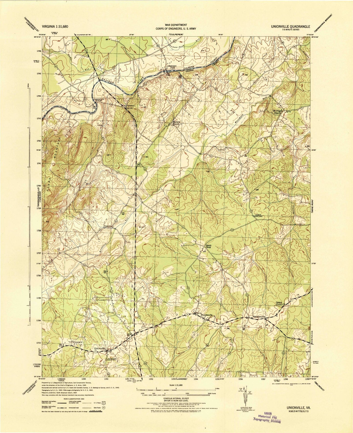 Classic USGS Unionville Virginia 7.5'x7.5' Topo Map Image