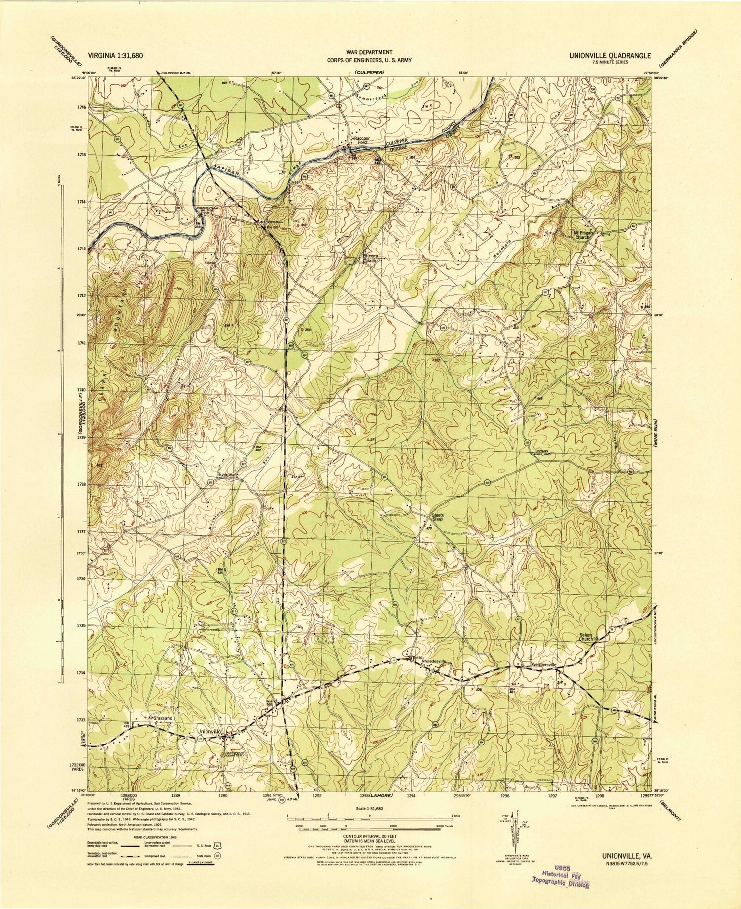 Classic USGS Unionville Virginia 7.5'x7.5' Topo Map Image
