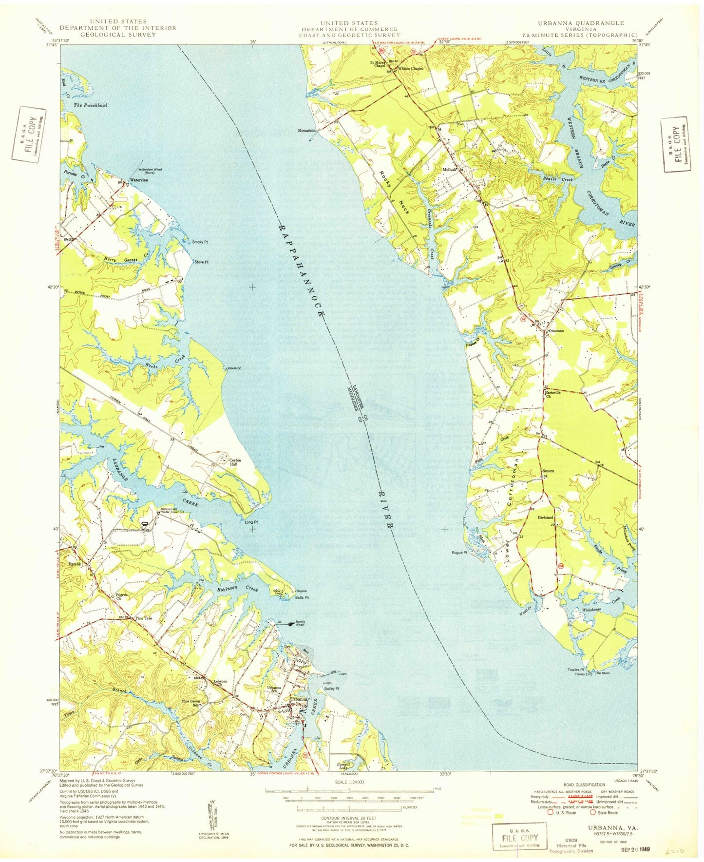 Classic USGS Urbanna Virginia 7.5'x7.5' Topo Map Image
