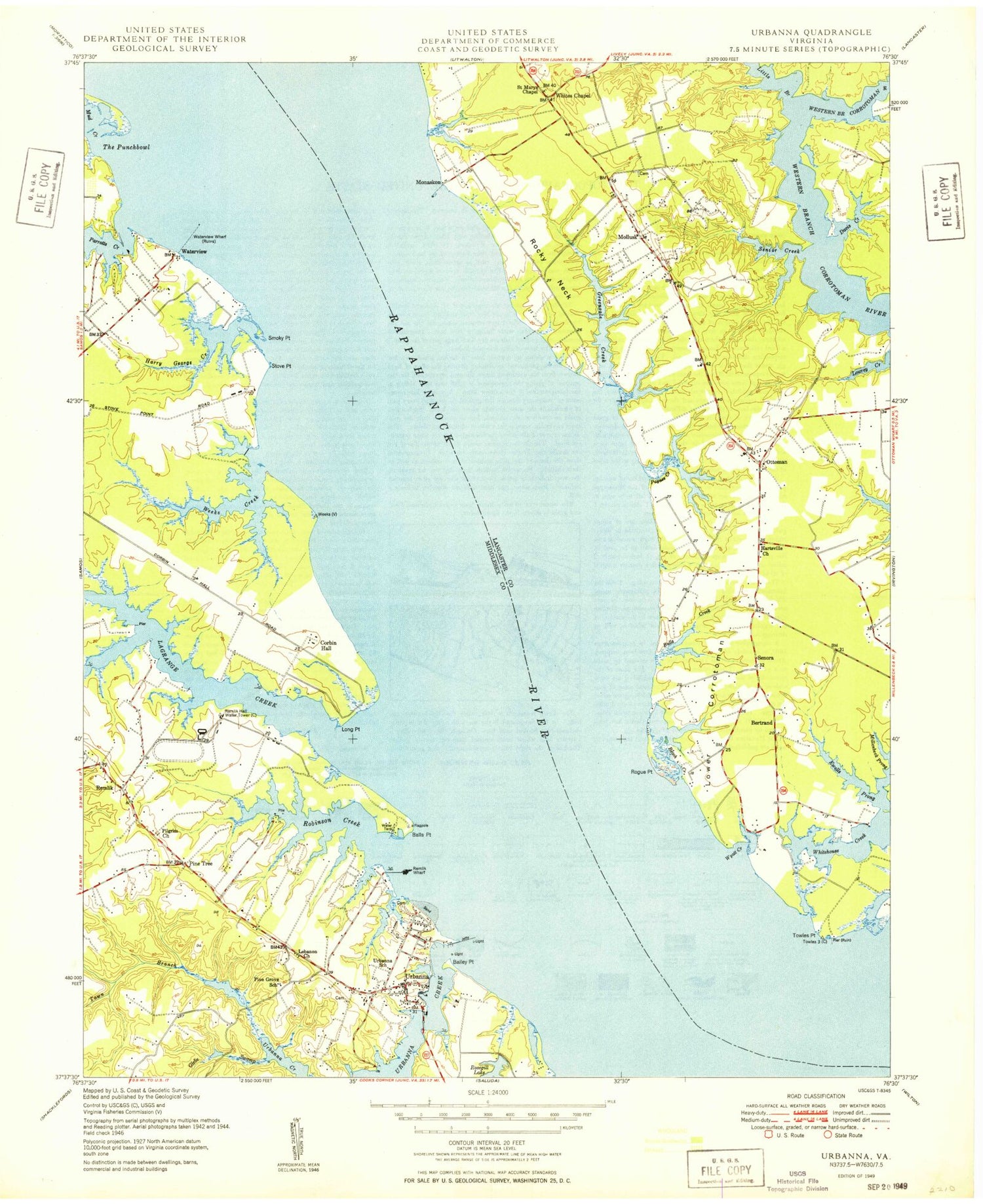 Classic USGS Urbanna Virginia 7.5'x7.5' Topo Map Image