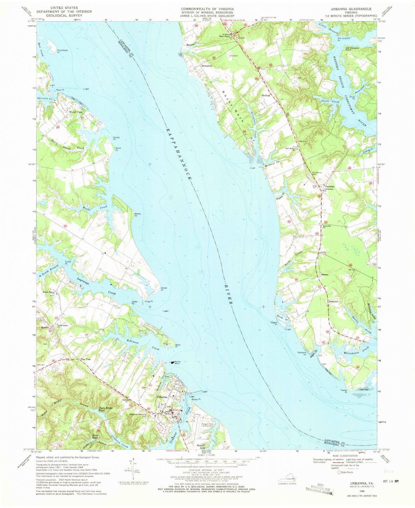 Classic USGS Urbanna Virginia 7.5'x7.5' Topo Map Image