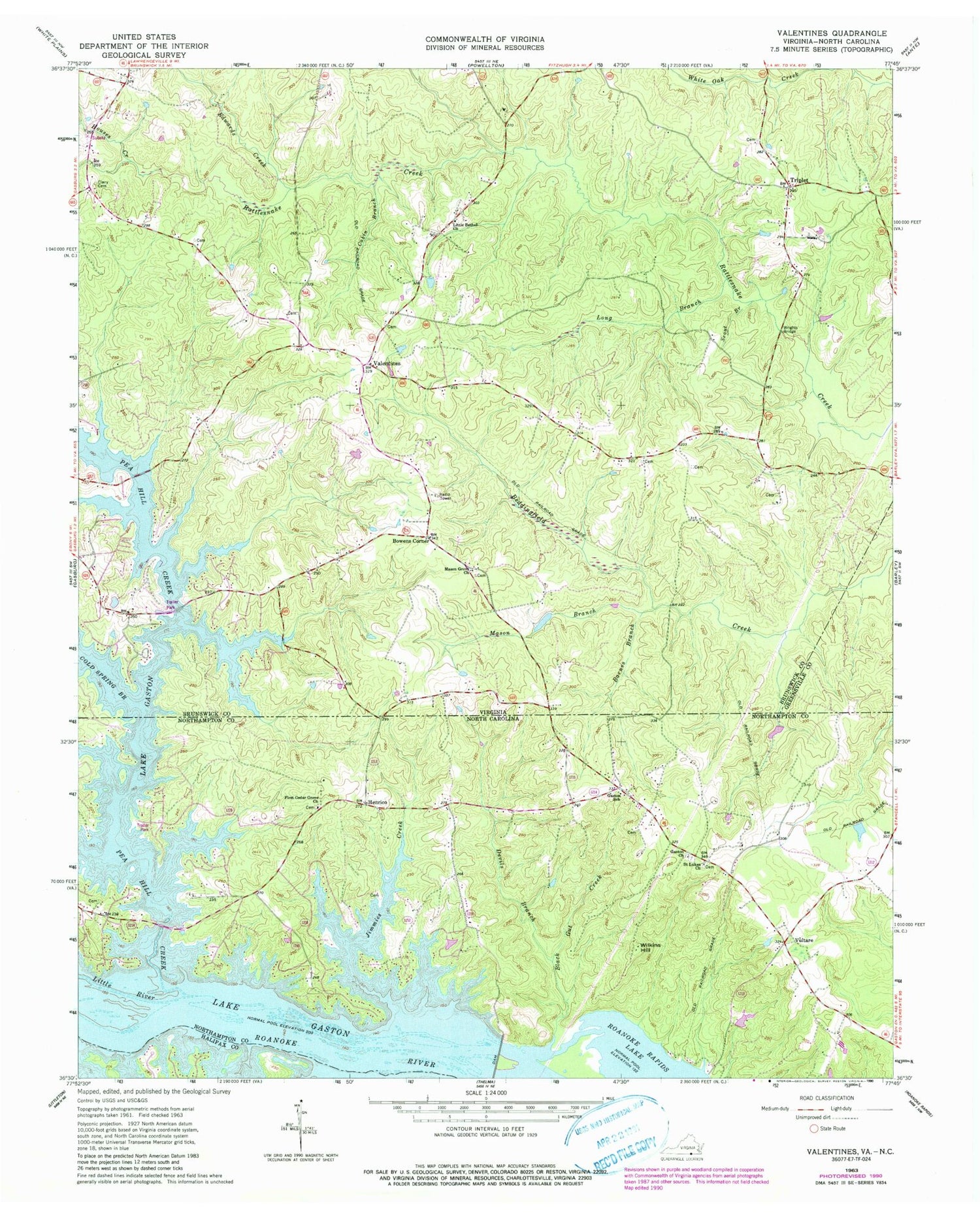 Classic USGS Valentines Virginia 7.5'x7.5' Topo Map Image