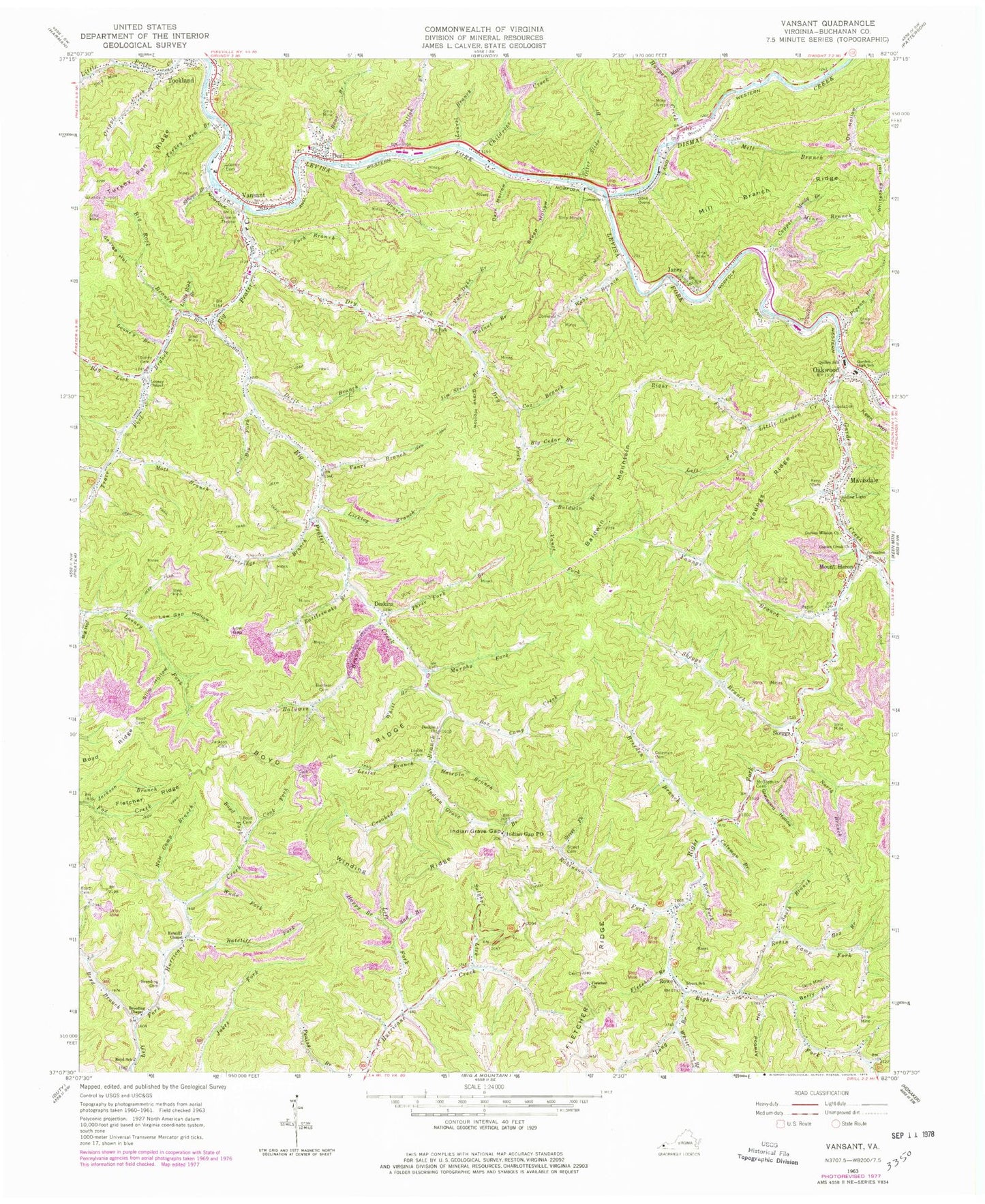 Classic USGS Vansant Virginia 7.5'x7.5' Topo Map Image