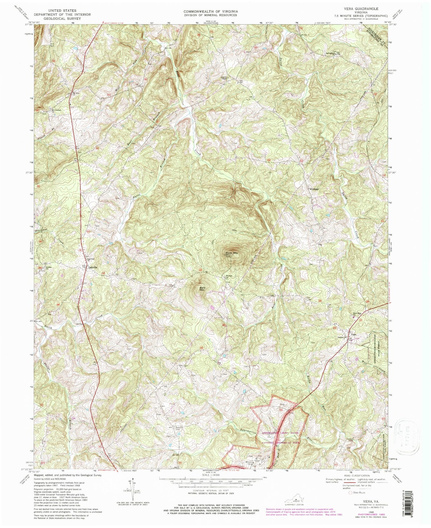 Classic USGS Vera Virginia 7.5'x7.5' Topo Map Image