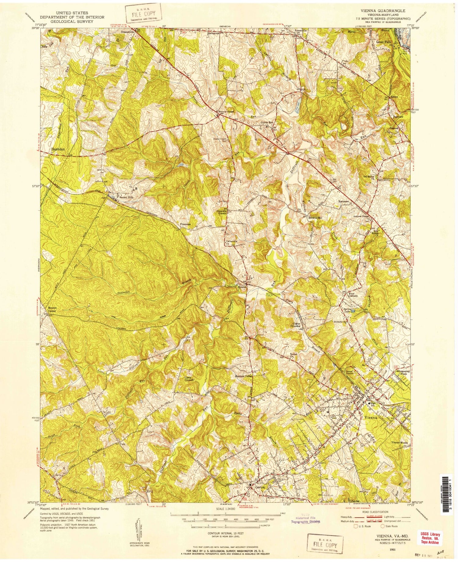 Classic USGS Vienna Virginia 7.5'x7.5' Topo Map Image