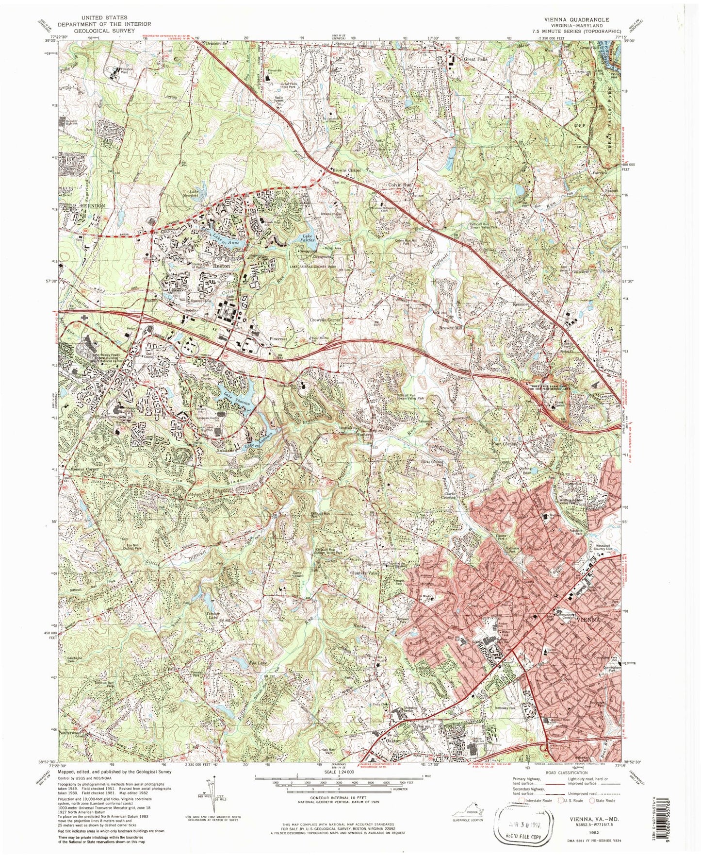 Classic USGS Vienna Virginia 7.5'x7.5' Topo Map Image